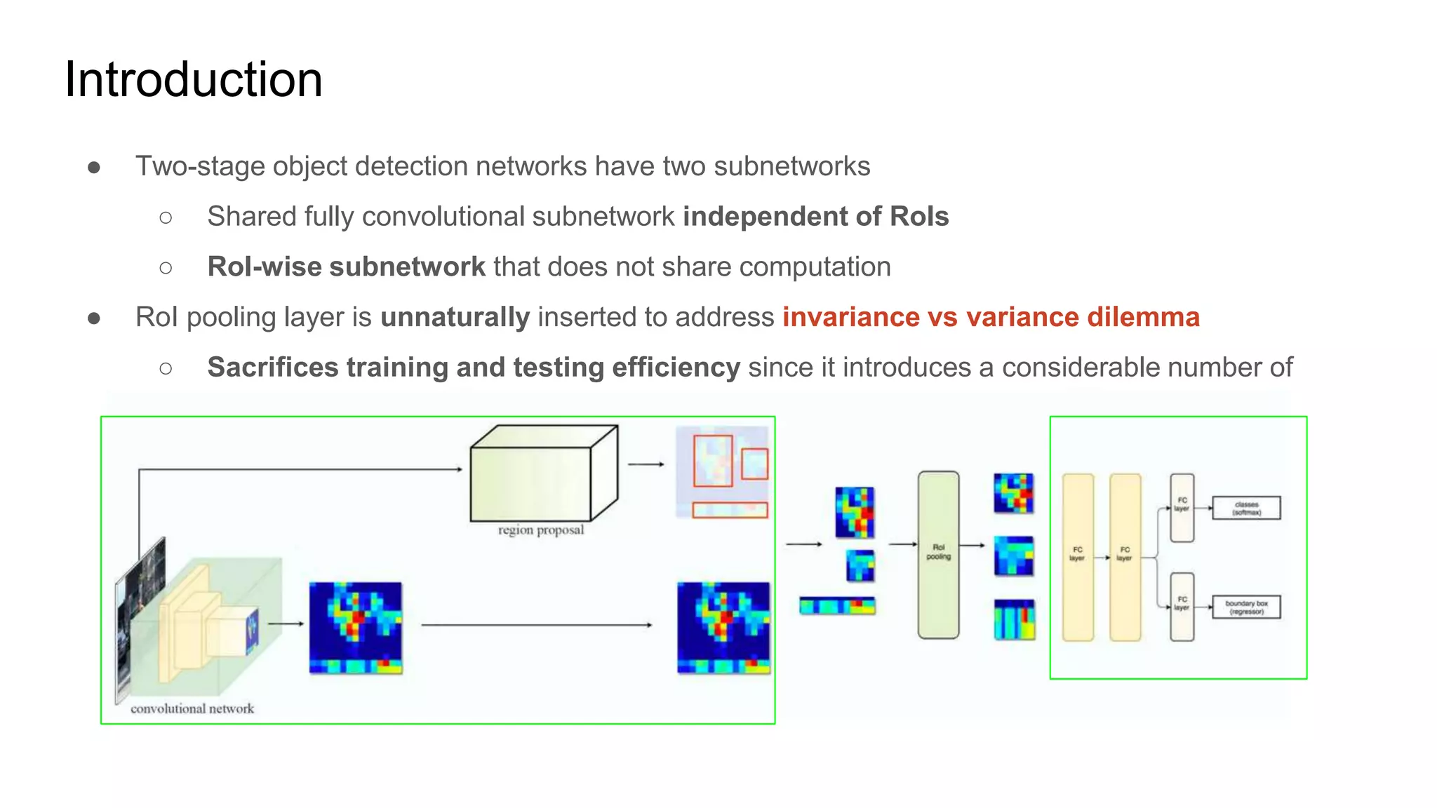 Introduction
● Two-stage object detection networks have two subnetworks
○ Shared fully convolutional subnetwork independent of RoIs
○ RoI-wise subnetwork that does not share computation
● RoI pooling layer is unnaturally inserted to address invariance vs variance dilemma
○ Sacrifices training and testing efficiency since it introduces a considerable number of
region-wise layers -> each RoI goes through classification layer
 