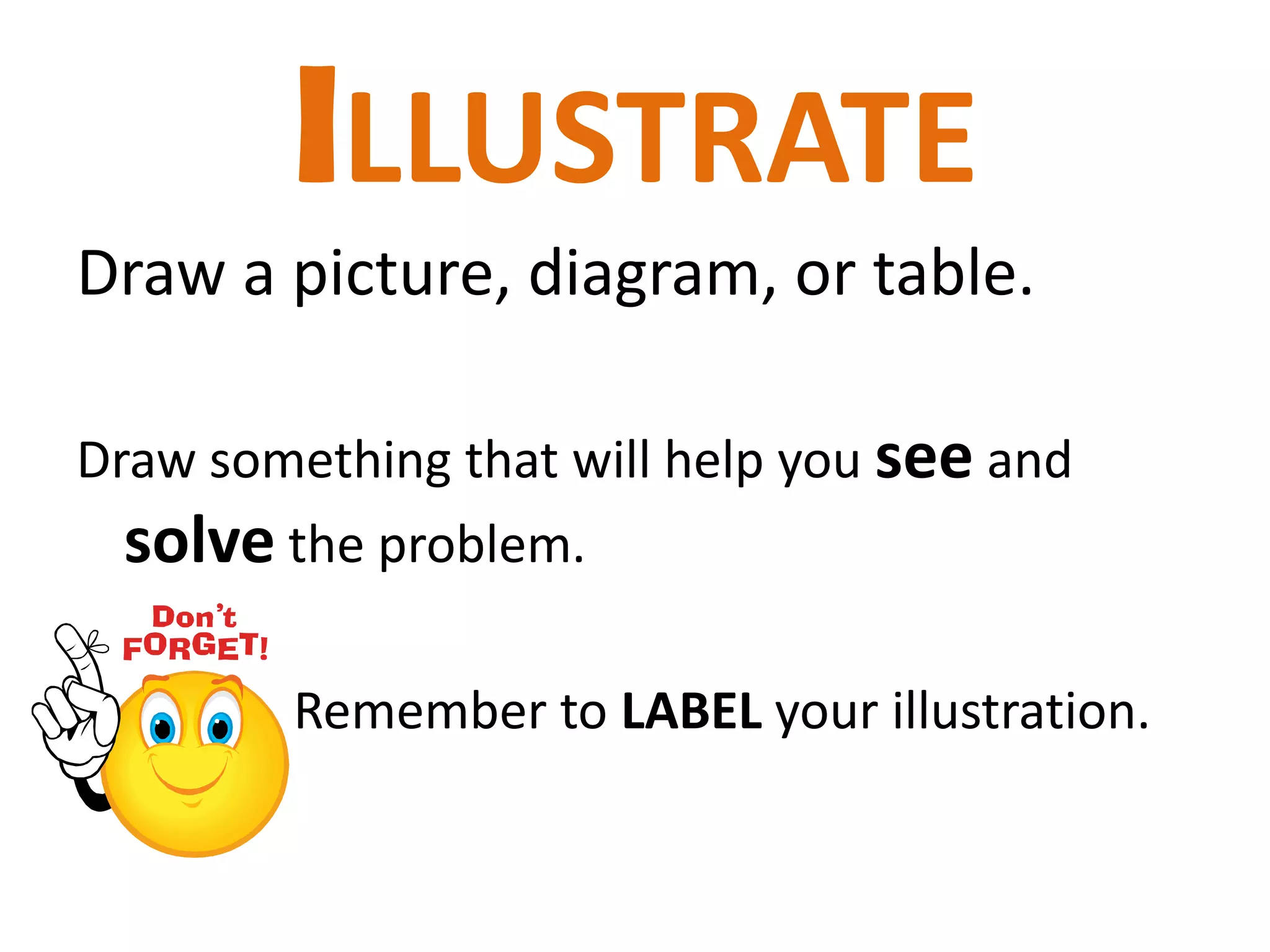 ILLUSTRATE
Draw a picture, diagram, or table.

Draw something that will help you see and
  solve the problem.

        Remember to LABEL your illustration.
 