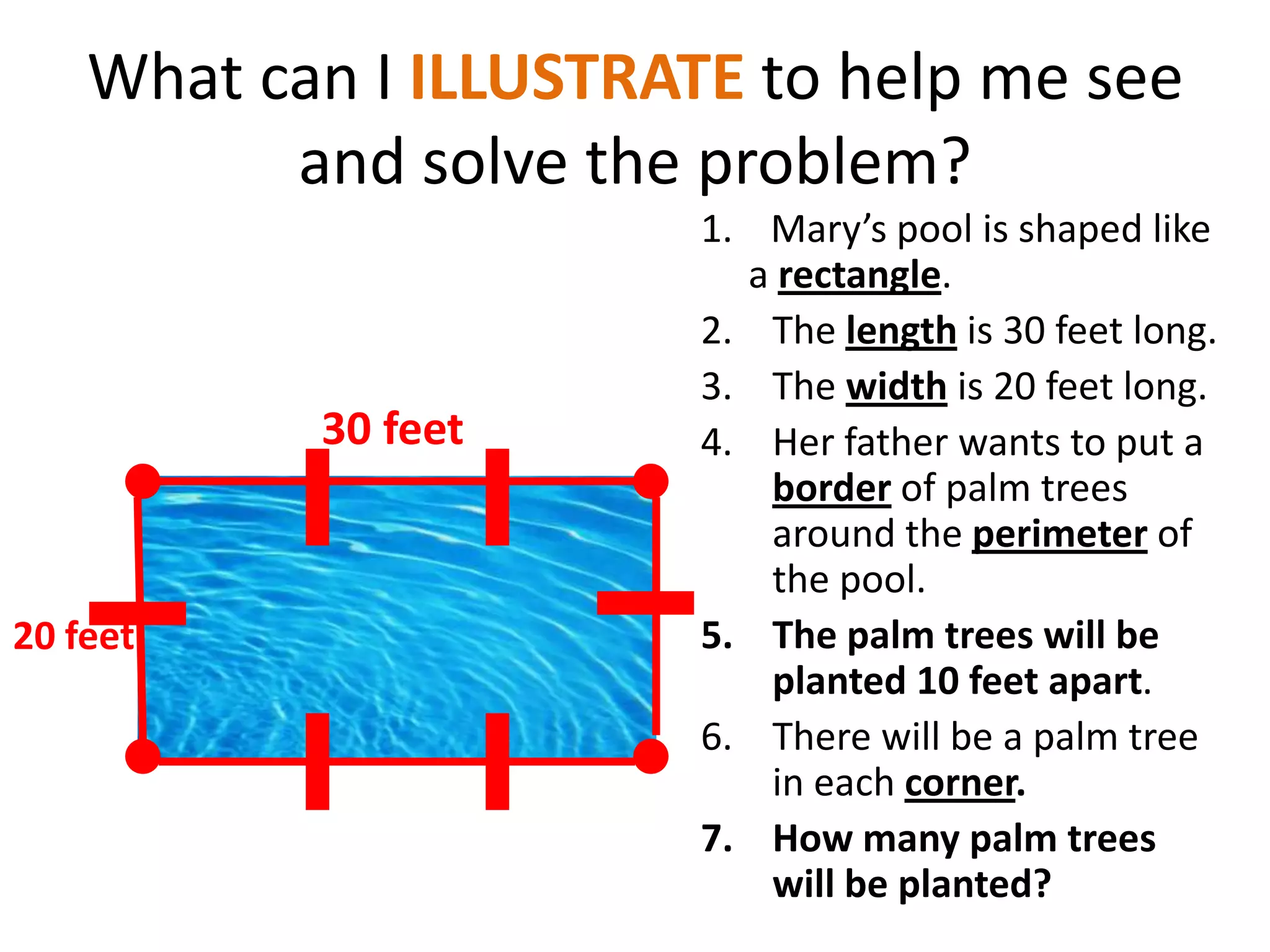 What can I ILLUSTRATE to help me see
          and solve the problem?
                        1. Mary’s pool is shaped like
                          a rectangle.
                        2. The length is 30 feet long.
                        3. The width is 20 feet long.
           30 feet      4. Her father wants to put a
                           border of palm trees
                           around the perimeter of
                           the pool.
20 feet                 5. The palm trees will be
                           planted 10 feet apart.
                        6. There will be a palm tree
                           in each corner.
                        7. How many palm trees
                           will be planted?
 