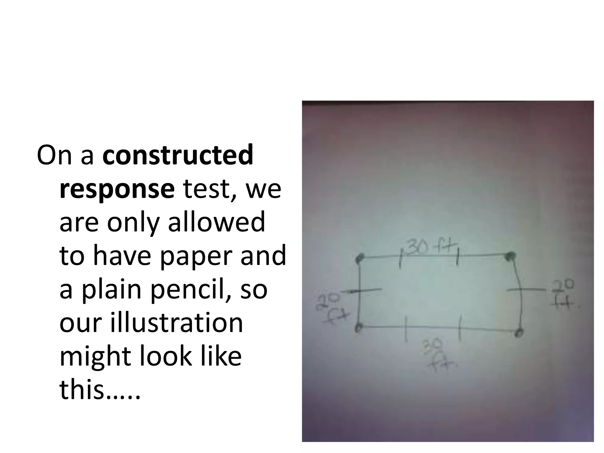 On a constructed
 response test, we
 are only allowed
 to have paper and
 a plain pencil, so
 our illustration
 might look like
 this…..
 