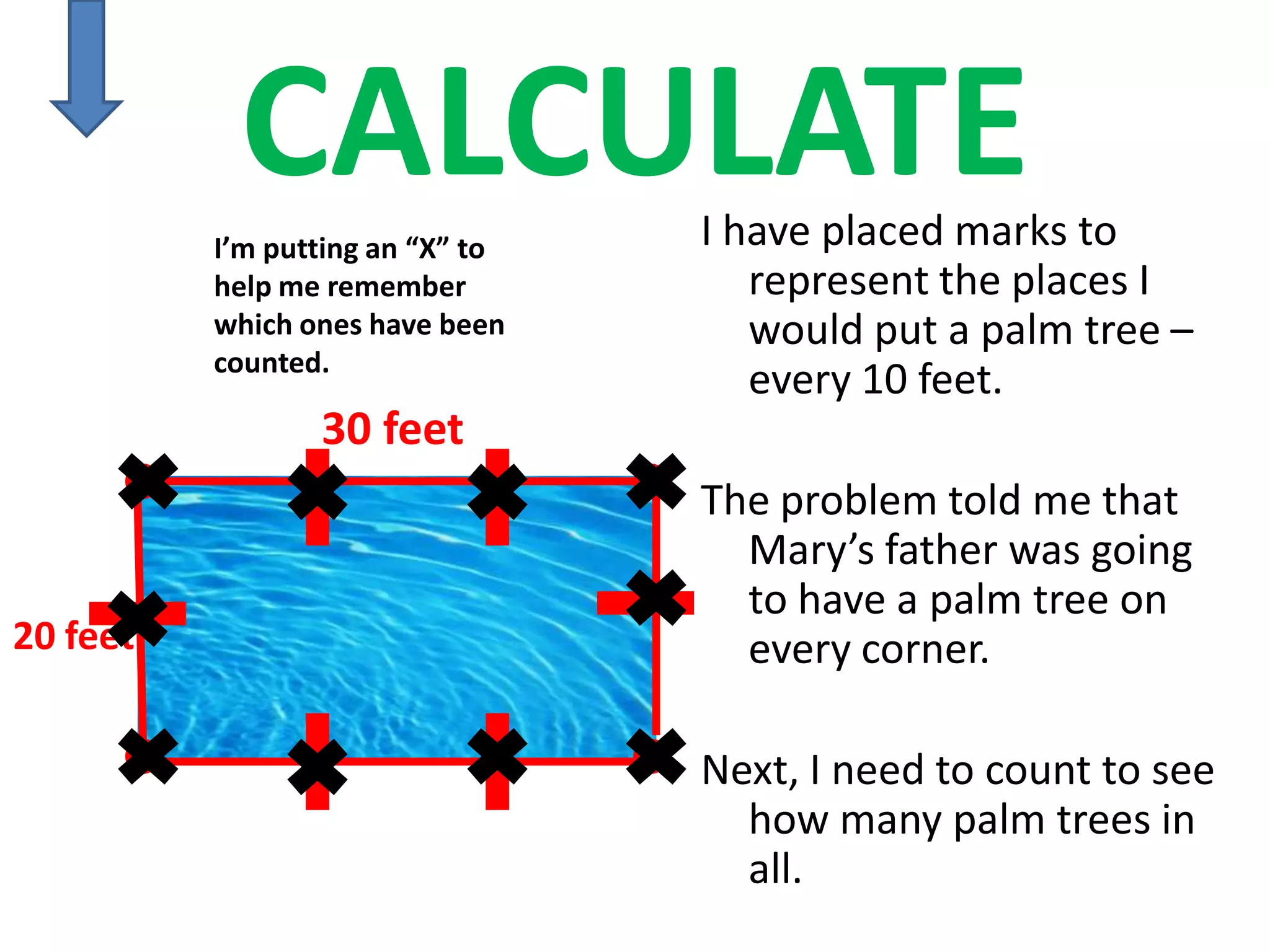 CALCULATE
          I’m putting an “X” to   I have placed marks to
          help me remember           represent the places I
          which ones have been       would put a palm tree –
          counted.
                                     every 10 feet.
                 30 feet
                                  The problem told me that
                                    Mary’s father was going
                                    to have a palm tree on
20 feet                             every corner.

                                  Next, I need to count to see
                                    how many palm trees in
                                    all.
 