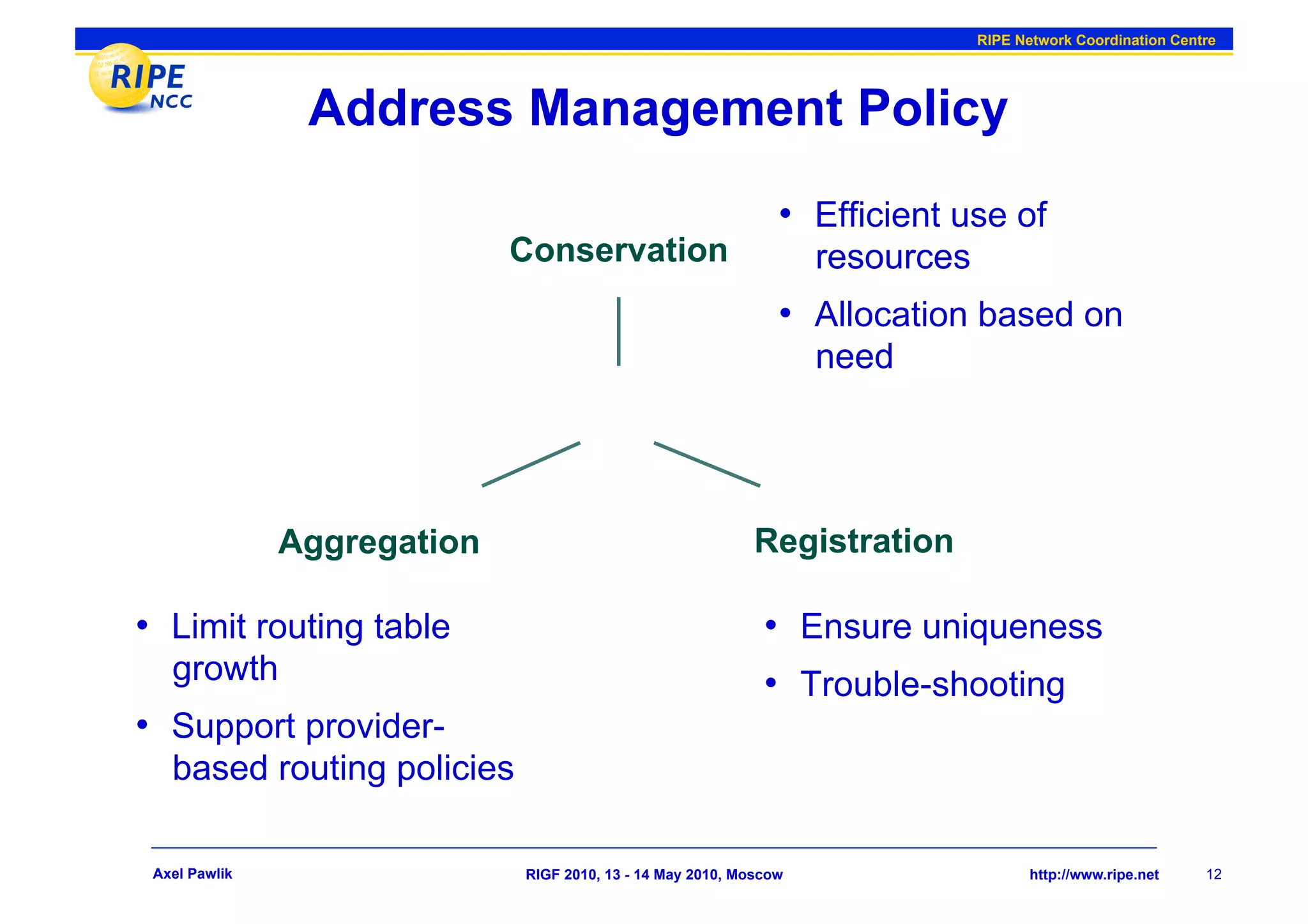 RIPE Network Coordination Centre




                Address Management Policy
                                                               •  Efficient use of
                             Conservation                          resources
                                                               •  Allocation based on
                                                                   need




               Aggregation                                  Registration

•  Limit routing table                                       •  Ensure uniqueness
   growth                                                    •  Trouble-shooting
•  Support provider-
   based routing policies

 Axel Pawlik                 RIGF 2010, 13 - 14 May 2010, Moscow                      http://www.ripe.net    12
 