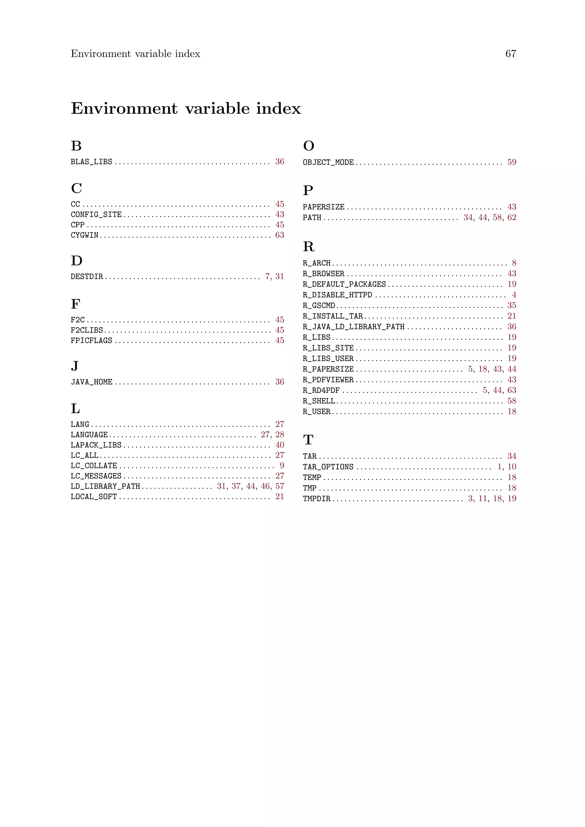 Environment variable index 67
Environment variable index
B
BLAS_LIBS . . . . . . . . . . . . . . . . . . . . . . . . . . . . . . . . . . . . . . . 36
C
CC . . . . . . . . . . . . . . . . . . . . . . . . . . . . . . . . . . . . . . . . . . . . . . . 45
CONFIG_SITE . . . . . . . . . . . . . . . . . . . . . . . . . . . . . . . . . . . . . 43
CPP . . . . . . . . . . . . . . . . . . . . . . . . . . . . . . . . . . . . . . . . . . . . . . 45
CYGWIN. . . . . . . . . . . . . . . . . . . . . . . . . . . . . . . . . . . . . . . . . . . 63
D
DESTDIR . . . . . . . . . . . . . . . . . . . . . . . . . . . . . . . . . . . . . . . 7, 31
F
F2C . . . . . . . . . . . . . . . . . . . . . . . . . . . . . . . . . . . . . . . . . . . . . . 45
F2CLIBS. . . . . . . . . . . . . . . . . . . . . . . . . . . . . . . . . . . . . . . . . . 45
FPICFLAGS . . . . . . . . . . . . . . . . . . . . . . . . . . . . . . . . . . . . . . . 45
J
JAVA_HOME . . . . . . . . . . . . . . . . . . . . . . . . . . . . . . . . . . . . . . . 36
L
LANG . . . . . . . . . . . . . . . . . . . . . . . . . . . . . . . . . . . . . . . . . . . . . 27
LANGUAGE. . . . . . . . . . . . . . . . . . . . . . . . . . . . . . . . . . . . . 27, 28
LAPACK_LIBS . . . . . . . . . . . . . . . . . . . . . . . . . . . . . . . . . . . . . 40
LC_ALL. . . . . . . . . . . . . . . . . . . . . . . . . . . . . . . . . . . . . . . . . . . 27
LC_COLLATE . . . . . . . . . . . . . . . . . . . . . . . . . . . . . . . . . . . . . . . 9
LC_MESSAGES . . . . . . . . . . . . . . . . . . . . . . . . . . . . . . . . . . . . . 27
LD_LIBRARY_PATH . . . . . . . . . . . . . . . . . . 31, 37, 44, 46, 57
LOCAL_SOFT . . . . . . . . . . . . . . . . . . . . . . . . . . . . . . . . . . . . . . 21
O
OBJECT_MODE . . . . . . . . . . . . . . . . . . . . . . . . . . . . . . . . . . . . . 59
P
PAPERSIZE . . . . . . . . . . . . . . . . . . . . . . . . . . . . . . . . . . . . . . . 43
PATH . . . . . . . . . . . . . . . . . . . . . . . . . . . . . . . . . . 34, 44, 58, 62
R
R_ARCH . . . . . . . . . . . . . . . . . . . . . . . . . . . . . . . . . . . . . . . . . . . . 8
R_BROWSER . . . . . . . . . . . . . . . . . . . . . . . . . . . . . . . . . . . . . . . 43
R_DEFAULT_PACKAGES . . . . . . . . . . . . . . . . . . . . . . . . . . . . . 19
R_DISABLE_HTTPD . . . . . . . . . . . . . . . . . . . . . . . . . . . . . . . . . 4
R_GSCMD. . . . . . . . . . . . . . . . . . . . . . . . . . . . . . . . . . . . . . . . . . 35
R_INSTALL_TAR. . . . . . . . . . . . . . . . . . . . . . . . . . . . . . . . . . . 21
R_JAVA_LD_LIBRARY_PATH . . . . . . . . . . . . . . . . . . . . . . . . 36
R_LIBS. . . . . . . . . . . . . . . . . . . . . . . . . . . . . . . . . . . . . . . . . . . 19
R_LIBS_SITE . . . . . . . . . . . . . . . . . . . . . . . . . . . . . . . . . . . . . 19
R_LIBS_USER . . . . . . . . . . . . . . . . . . . . . . . . . . . . . . . . . . . . . 19
R_PAPERSIZE . . . . . . . . . . . . . . . . . . . . . . . . . . . 5, 18, 43, 44
R_PDFVIEWER . . . . . . . . . . . . . . . . . . . . . . . . . . . . . . . . . . . . . 43
R_RD4PDF . . . . . . . . . . . . . . . . . . . . . . . . . . . . . . . . . . 5, 44, 63
R_SHELL. . . . . . . . . . . . . . . . . . . . . . . . . . . . . . . . . . . . . . . . . . 58
R_USER. . . . . . . . . . . . . . . . . . . . . . . . . . . . . . . . . . . . . . . . . . . 18
T
TAR . . . . . . . . . . . . . . . . . . . . . . . . . . . . . . . . . . . . . . . . . . . . . . 34
TAR_OPTIONS . . . . . . . . . . . . . . . . . . . . . . . . . . . . . . . . . . 1, 10
TEMP . . . . . . . . . . . . . . . . . . . . . . . . . . . . . . . . . . . . . . . . . . . . . 18
TMP . . . . . . . . . . . . . . . . . . . . . . . . . . . . . . . . . . . . . . . . . . . . . . 18
TMPDIR . . . . . . . . . . . . . . . . . . . . . . . . . . . . . . . . . 3, 11, 18, 19
 