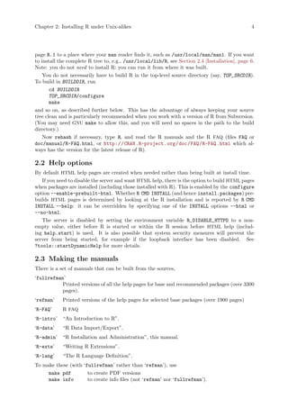 Chapter 2: Installing R under Unix-alikes 4
page R.1 to a place where your man reader finds it, such as /usr/local/man/man1. If you want
to install the complete R tree to, e.g., /usr/local/lib/R, see Section 2.4 [Installation], page 6.
Note: you do not need to install R: you can run it from where it was built.
You do not necessarily have to build R in the top-level source directory (say, TOP_SRCDIR).
To build in BUILDDIR, run
cd BUILDDIR
TOP_SRCDIR/configure
make
and so on, as described further below. This has the advantage of always keeping your source
tree clean and is particularly recommended when you work with a version of R from Subversion.
(You may need GNU make to allow this, and you will need no spaces in the path to the build
directory.)
Now rehash if necessary, type R, and read the R manuals and the R FAQ (files FAQ or
doc/manual/R-FAQ.html, or http://CRAN.R-project.org/doc/FAQ/R-FAQ.html which al-
ways has the version for the latest release of R).
2.2 Help options
By default HTML help pages are created when needed rather than being built at install time.
If you need to disable the server and want HTML help, there is the option to build HTML pages
when packages are installed (including those installed with R). This is enabled by the configure
option --enable-prebuilt-html. Whether R CMD INSTALL (and hence install.packages) pre-
builds HTML pages is determined by looking at the R installation and is reported by R CMD
INSTALL --help: it can be overridden by specifying one of the INSTALL options --html or
--no-html.
The server is disabled by setting the environment variable R_DISABLE_HTTPD to a non-
empty value, either before R is started or within the R session before HTML help (includ-
ing help.start) is used. It is also possible that system security measures will prevent the
server from being started, for example if the loopback interface has been disabled. See
?tools::startDynamicHelp for more details.
2.3 Making the manuals
There is a set of manuals that can be built from the sources,
‘fullrefman’
Printed versions of all the help pages for base and recommended packages (over 3300
pages).
‘refman’ Printed versions of the help pages for selected base packages (over 1900 pages)
‘R-FAQ’ R FAQ
‘R-intro’ “An Introduction to R”.
‘R-data’ “R Data Import/Export”.
‘R-admin’ “R Installation and Administration”, this manual.
‘R-exts’ “Writing R Extensions”.
‘R-lang’ “The R Language Definition”.
To make these (with ‘fullrefman’ rather than ‘refman’), use
make pdf to create PDF versions
make info to create info files (not ‘refman’ nor ‘fullrefman’).
 