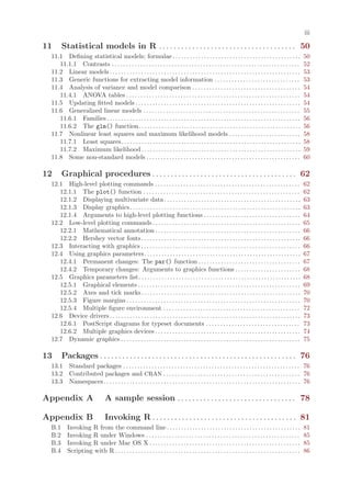 iii

11     Statistical models in R . . . . . . . . . . . . . . . . . . . . . . . . . . . . . . . . . . . . . 50
 11.1 Defining statistical models; formulae . . . . . . . . . . . . . . . . . . . . . . . . . . . . . . . . . . . . . . . . . . . . .                          50
    11.1.1 Contrasts . . . . . . . . . . . . . . . . . . . . . . . . . . . . . . . . . . . . . . . . . . . . . . . . . . . . . . . . . . . . . . . . . .       52
 11.2 Linear models . . . . . . . . . . . . . . . . . . . . . . . . . . . . . . . . . . . . . . . . . . . . . . . . . . . . . . . . . . . . . . . . . . .      53
 11.3 Generic functions for extracting model information . . . . . . . . . . . . . . . . . . . . . . . . . . . . . .                                           53
 11.4 Analysis of variance and model comparison . . . . . . . . . . . . . . . . . . . . . . . . . . . . . . . . . . . . . .                                    54
    11.4.1 ANOVA tables . . . . . . . . . . . . . . . . . . . . . . . . . . . . . . . . . . . . . . . . . . . . . . . . . . . . . . . . . . . . .              54
 11.5 Updating fitted models . . . . . . . . . . . . . . . . . . . . . . . . . . . . . . . . . . . . . . . . . . . . . . . . . . . . . . . . . .               54
 11.6 Generalized linear models . . . . . . . . . . . . . . . . . . . . . . . . . . . . . . . . . . . . . . . . . . . . . . . . . . . . . . .                  55
    11.6.1 Families . . . . . . . . . . . . . . . . . . . . . . . . . . . . . . . . . . . . . . . . . . . . . . . . . . . . . . . . . . . . . . . . . . . .    56
    11.6.2 The glm() function. . . . . . . . . . . . . . . . . . . . . . . . . . . . . . . . . . . . . . . . . . . . . . . . . . . . . . . . .                 56
 11.7 Nonlinear least squares and maximum likelihood models . . . . . . . . . . . . . . . . . . . . . . . . .                                                  58
    11.7.1 Least squares . . . . . . . . . . . . . . . . . . . . . . . . . . . . . . . . . . . . . . . . . . . . . . . . . . . . . . . . . . . . . . .         58
    11.7.2 Maximum likelihood . . . . . . . . . . . . . . . . . . . . . . . . . . . . . . . . . . . . . . . . . . . . . . . . . . . . . . . .                  59
 11.8 Some non-standard models . . . . . . . . . . . . . . . . . . . . . . . . . . . . . . . . . . . . . . . . . . . . . . . . . . . . . .                     60

12     Graphical procedures . . . . . . . . . . . . . . . . . . . . . . . . . . . . . . . . . . . . . . . 62
 12.1 High-level plotting commands . . . . . . . . . . . . . . . . . . . . . . . . . . . . . . . . . . . . . . . . . . . . . . . . . . .                       62
    12.1.1 The plot() function . . . . . . . . . . . . . . . . . . . . . . . . . . . . . . . . . . . . . . . . . . . . . . . . . . . . . . .                   62
    12.1.2 Displaying multivariate data . . . . . . . . . . . . . . . . . . . . . . . . . . . . . . . . . . . . . . . . . . . . . . . .                        63
    12.1.3 Display graphics . . . . . . . . . . . . . . . . . . . . . . . . . . . . . . . . . . . . . . . . . . . . . . . . . . . . . . . . . . . .            63
    12.1.4 Arguments to high-level plotting functions . . . . . . . . . . . . . . . . . . . . . . . . . . . . . . . . . .                                      64
 12.2 Low-level plotting commands . . . . . . . . . . . . . . . . . . . . . . . . . . . . . . . . . . . . . . . . . . . . . . . . . . . .                      65
    12.2.1 Mathematical annotation . . . . . . . . . . . . . . . . . . . . . . . . . . . . . . . . . . . . . . . . . . . . . . . . . . .                       66
    12.2.2 Hershey vector fonts . . . . . . . . . . . . . . . . . . . . . . . . . . . . . . . . . . . . . . . . . . . . . . . . . . . . . . . .                66
 12.3 Interacting with graphics . . . . . . . . . . . . . . . . . . . . . . . . . . . . . . . . . . . . . . . . . . . . . . . . . . . . . . . .                66
 12.4 Using graphics parameters . . . . . . . . . . . . . . . . . . . . . . . . . . . . . . . . . . . . . . . . . . . . . . . . . . . . . . .                  67
    12.4.1 Permanent changes: The par() function . . . . . . . . . . . . . . . . . . . . . . . . . . . . . . . . . . . .                                       67
    12.4.2 Temporary changes: Arguments to graphics functions . . . . . . . . . . . . . . . . . . . . . . .                                                    68
 12.5 Graphics parameters list. . . . . . . . . . . . . . . . . . . . . . . . . . . . . . . . . . . . . . . . . . . . . . . . . . . . . . . . .                68
    12.5.1 Graphical elements . . . . . . . . . . . . . . . . . . . . . . . . . . . . . . . . . . . . . . . . . . . . . . . . . . . . . . . . .                69
    12.5.2 Axes and tick marks . . . . . . . . . . . . . . . . . . . . . . . . . . . . . . . . . . . . . . . . . . . . . . . . . . . . . . . .                 70
    12.5.3 Figure margins . . . . . . . . . . . . . . . . . . . . . . . . . . . . . . . . . . . . . . . . . . . . . . . . . . . . . . . . . . . . .            70
    12.5.4 Multiple figure environment . . . . . . . . . . . . . . . . . . . . . . . . . . . . . . . . . . . . . . . . . . . . . . . .                         72
 12.6 Device drivers . . . . . . . . . . . . . . . . . . . . . . . . . . . . . . . . . . . . . . . . . . . . . . . . . . . . . . . . . . . . . . . . . . .     73
    12.6.1 PostScript diagrams for typeset documents . . . . . . . . . . . . . . . . . . . . . . . . . . . . . . . . .                                         73
    12.6.2 Multiple graphics devices . . . . . . . . . . . . . . . . . . . . . . . . . . . . . . . . . . . . . . . . . . . . . . . . . . .                     74
 12.7 Dynamic graphics . . . . . . . . . . . . . . . . . . . . . . . . . . . . . . . . . . . . . . . . . . . . . . . . . . . . . . . . . . . . . . .           75

13     Packages . . . . . . . . . . . . . . . . . . . . . . . . . . . . . . . . . . . . . . . . . . . . . . . . . . . . . 76
 13.1 Standard packages . . . . . . . . . . . . . . . . . . . . . . . . . . . . . . . . . . . . . . . . . . . . . . . . . . . . . . . . . . . . . . 76
 13.2 Contributed packages and CRAN . . . . . . . . . . . . . . . . . . . . . . . . . . . . . . . . . . . . . . . . . . . . . . . . 76
 13.3 Namespaces . . . . . . . . . . . . . . . . . . . . . . . . . . . . . . . . . . . . . . . . . . . . . . . . . . . . . . . . . . . . . . . . . . . . . 76

Appendix A                        A sample session . . . . . . . . . . . . . . . . . . . . . . . . . . . . . . . . 78

Appendix B                        Invoking R . . . . . . . . . . . . . . . . . . . . . . . . . . . . . . . . . . . . . . . 81
 B.1      Invoking R from the command line . . . . . . . . . . . . . . . . . . . . . . . . . . . . . . . . . . . . . . . . . . . . . . .                       81
 B.2      Invoking R under Windows . . . . . . . . . . . . . . . . . . . . . . . . . . . . . . . . . . . . . . . . . . . . . . . . . . . . . .                 85
 B.3      Invoking R under Mac OS X . . . . . . . . . . . . . . . . . . . . . . . . . . . . . . . . . . . . . . . . . . . . . . . . . . . . .                  85
 B.4      Scripting with R . . . . . . . . . . . . . . . . . . . . . . . . . . . . . . . . . . . . . . . . . . . . . . . . . . . . . . . . . . . . . . . . .   86
 