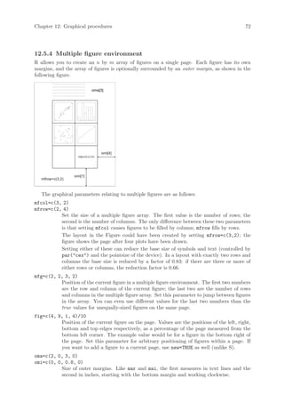 Chapter 12: Graphical procedures                                                               72




12.5.4 Multiple figure environment
R allows you to create an n by m array of figures on a single page. Each figure has its own
margins, and the array of figures is optionally surrounded by an outer margin, as shown in the
following figure.
        −−−−−−−−−−−−−−−
        −−−−−−−−−−−−−−−
        −−−−−−−−−−−−−−−        oma[3]
        −−−−−−−−−−−−−−−
        −−−−−−−−−−−−−−−




                                     omi[4]
                    mfg=c(3,2,3,2)




                  omi[1]
   mfrow=c(3,2)



   The graphical parameters relating to multiple figures are as follows:
mfcol=c(3, 2)
mfrow=c(2, 4)
          Set the size of a multiple figure array. The first value is the number of rows; the
          second is the number of columns. The only difference between these two parameters
          is that setting mfcol causes figures to be filled by column; mfrow fills by rows.
          The layout in the Figure could have been created by setting mfrow=c(3,2); the
          figure shows the page after four plots have been drawn.
          Setting either of these can reduce the base size of symbols and text (controlled by
          par(cex) and the pointsize of the device). In a layout with exactly two rows and
          columns the base size is reduced by a factor of 0.83: if there are three or more of
          either rows or columns, the reduction factor is 0.66.
mfg=c(2, 2, 3, 2)
          Position of the current figure in a multiple figure environment. The first two numbers
          are the row and column of the current figure; the last two are the number of rows
          and columns in the multiple figure array. Set this parameter to jump between figures
          in the array. You can even use different values for the last two numbers than the
          true values for unequally-sized figures on the same page.
fig=c(4, 9, 1, 4)/10
          Position of the current figure on the page. Values are the positions of the left, right,
          bottom and top edges respectively, as a percentage of the page measured from the
          bottom left corner. The example value would be for a figure in the bottom right of
          the page. Set this parameter for arbitrary positioning of figures within a page. If
          you want to add a figure to a current page, use new=TRUE as well (unlike S).
oma=c(2, 0, 3, 0)
omi=c(0, 0, 0.8, 0)
          Size of outer margins. Like mar and mai, the first measures in text lines and the
          second in inches, starting with the bottom margin and working clockwise.
 