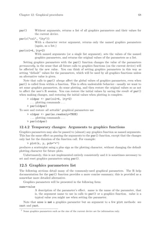Chapter 12: Graphical procedures                                                                 68




par()          Without arguments, returns a list of all graphics parameters and their values for
               the current device.
par(c(col, lty))
          With a character vector argument, returns only the named graphics parameters
          (again, as a list.)
par(col=4, lty=2)
          With named arguments (or a single list argument), sets the values of the named
          graphics parameters, and returns the original values of the parameters as a list.
   Setting graphics parameters with the par() function changes the value of the parameters
permanently, in the sense that all future calls to graphics functions (on the current device) will
be affected by the new value. You can think of setting graphics parameters in this way as
setting “default” values for the parameters, which will be used by all graphics functions unless
an alternative value is given.
   Note that calls to par() always affect the global values of graphics parameters, even when
par() is called from within a function. This is often undesirable behavior—usually we want to
set some graphics parameters, do some plotting, and then restore the original values so as not
to affect the user’s R session. You can restore the initial values by saving the result of par()
when making changes, and restoring the initial values when plotting is complete.
        oldpar - par(col=4, lty=2)
         . . . plotting commands . . .
        par(oldpar)
To save and restore all settable1 graphical parameters use
        oldpar - par(no.readonly=TRUE)
         . . . plotting commands . . .
        par(oldpar)

12.4.2 Temporary changes: Arguments to graphics functions
Graphics parameters may also be passed to (almost) any graphics function as named arguments.
This has the same effect as passing the arguments to the par() function, except that the changes
only last for the duration of the function call. For example:
       plot(x, y, pch=+)
produces a scatterplot using a plus sign as the plotting character, without changing the default
plotting character for future plots.
   Unfortunately, this is not implemented entirely consistently and it is sometimes necessary to
set and reset graphics parameters using par().

12.5 Graphics parameters list
The following sections detail many of the commonly-used graphical parameters. The R help
documentation for the par() function provides a more concise summary; this is provided as a
somewhat more detailed alternative.
   Graphics parameters will be presented in the following form:
name =value
           A description of the parameter’s effect. name is the name of the parameter, that
           is, the argument name to use in calls to par() or a graphics function. value is a
           typical value you might use when setting the parameter.
   Note that axes is not a graphics parameter but an argument to a few plot methods: see
xaxt and yaxt.
 1
     Some graphics parameters such as the size of the current device are for information only.
 