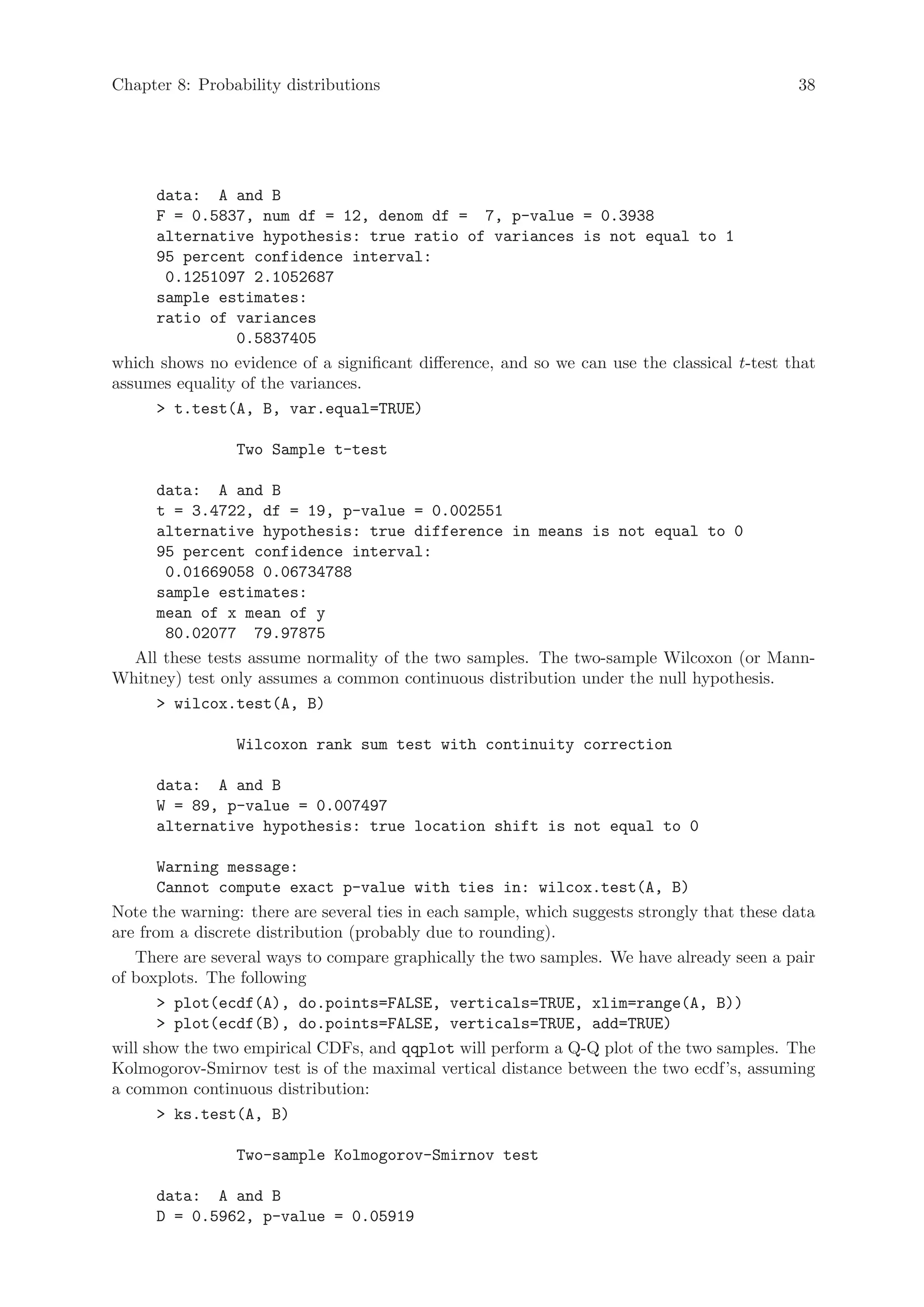 Chapter 8: Probability distributions                                                         38




     data: A and B
     F = 0.5837, num df = 12, denom df = 7, p-value = 0.3938
     alternative hypothesis: true ratio of variances is not equal to 1
     95 percent confidence interval:
       0.1251097 2.1052687
     sample estimates:
     ratio of variances
                0.5837405
which shows no evidence of a significant difference, and so we can use the classical t-test that
assumes equality of the variances.
      t.test(A, B, var.equal=TRUE)

                 Two Sample t-test

     data: A and B
     t = 3.4722, df = 19, p-value = 0.002551
     alternative hypothesis: true difference in means is not equal to 0
     95 percent confidence interval:
      0.01669058 0.06734788
     sample estimates:
     mean of x mean of y
      80.02077 79.97875
  All these tests assume normality of the two samples. The two-sample Wilcoxon (or Mann-
Whitney) test only assumes a common continuous distribution under the null hypothesis.
      wilcox.test(A, B)

                 Wilcoxon rank sum test with continuity correction

      data: A and B
      W = 89, p-value = 0.007497
      alternative hypothesis: true location shift is not equal to 0

       Warning message:
       Cannot compute exact p-value with ties in: wilcox.test(A, B)
Note the warning: there are several ties in each sample, which suggests strongly that these data
are from a discrete distribution (probably due to rounding).
   There are several ways to compare graphically the two samples. We have already seen a pair
of boxplots. The following
        plot(ecdf(A), do.points=FALSE, verticals=TRUE, xlim=range(A, B))
        plot(ecdf(B), do.points=FALSE, verticals=TRUE, add=TRUE)
will show the two empirical CDFs, and qqplot will perform a Q-Q plot of the two samples. The
Kolmogorov-Smirnov test is of the maximal vertical distance between the two ecdf’s, assuming
a common continuous distribution:
        ks.test(A, B)

                 Two-sample Kolmogorov-Smirnov test

      data: A and B
      D = 0.5962, p-value = 0.05919
 