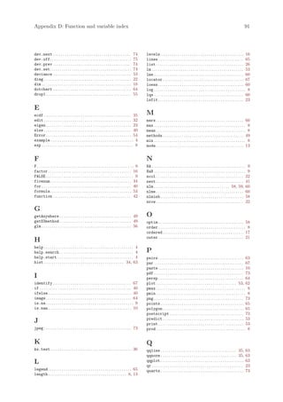 Appendix D: Function and variable index                                                                                                                                                                     91




dev.next . . . . . . . . . . . . . . . . . . . . . . . . . . . . . . . . . . . . . . . .          74     levels . . . . . . . . . . . . . . . . . . . . . . . . . . . . . . . . . . . . . . . . . . . 16
dev.off. . . . . . . . . . . . . . . . . . . . . . . . . . . . . . . . . . . . . . . . . .        75     lines . . . . . . . . . . . . . . . . . . . . . . . . . . . . . . . . . . . . . . . . . . . . 65
dev.prev . . . . . . . . . . . . . . . . . . . . . . . . . . . . . . . . . . . . . . . .          74     list . . . . . . . . . . . . . . . . . . . . . . . . . . . . . . . . . . . . . . . . . . . . . 26
dev.set. . . . . . . . . . . . . . . . . . . . . . . . . . . . . . . . . . . . . . . . . .        74     lm . . . . . . . . . . . . . . . . . . . . . . . . . . . . . . . . . . . . . . . . . . . . . . . 53
deviance . . . . . . . . . . . . . . . . . . . . . . . . . . . . . . . . . . . . . . . .          53     lme . . . . . . . . . . . . . . . . . . . . . . . . . . . . . . . . . . . . . . . . . . . . . . 60
diag . . . . . . . . . . . . . . . . . . . . . . . . . . . . . . . . . . . . . . . . . . . . .    22     locator. . . . . . . . . . . . . . . . . . . . . . . . . . . . . . . . . . . . . . . . . . 67
dim . . . . . . . . . . . . . . . . . . . . . . . . . . . . . . . . . . . . . . . . . . . . . .   18     loess . . . . . . . . . . . . . . . . . . . . . . . . . . . . . . . . . . . . . . . . . . . . 60
dotchart . . . . . . . . . . . . . . . . . . . . . . . . . . . . . . . . . . . . . . . .          64     log . . . . . . . . . . . . . . . . . . . . . . . . . . . . . . . . . . . . . . . . . . . . . . . 8
drop1 . . . . . . . . . . . . . . . . . . . . . . . . . . . . . . . . . . . . . . . . . . . .     55     lqs . . . . . . . . . . . . . . . . . . . . . . . . . . . . . . . . . . . . . . . . . . . . . . 60
                                                                                                         lsfit . . . . . . . . . . . . . . . . . . . . . . . . . . . . . . . . . . . . . . . . . . . . 23

E
ecdf . . . . . . . . . . . . . . . . . . . . . . . . . . . . . . . . . . . . . . . . . . . . . 35        M
edit . . . . . . . . . . . . . . . . . . . . . . . . . . . . . . . . . . . . . . . . . . . . . 32        mars . . . . . . . . . . . . . . . . . . . . . . . . . . . . . . . . . . . . . . . . . . . . . 60
eigen . . . . . . . . . . . . . . . . . . . . . . . . . . . . . . . . . . . . . . . . . . . . 23         max . . . . . . . . . . . . . . . . . . . . . . . . . . . . . . . . . . . . . . . . . . . . . . . 8
else . . . . . . . . . . . . . . . . . . . . . . . . . . . . . . . . . . . . . . . . . . . . . 40        mean . . . . . . . . . . . . . . . . . . . . . . . . . . . . . . . . . . . . . . . . . . . . . . 8
Error . . . . . . . . . . . . . . . . . . . . . . . . . . . . . . . . . . . . . . . . . . . . 54         methods. . . . . . . . . . . . . . . . . . . . . . . . . . . . . . . . . . . . . . . . . . 49
example . . . . . . . . . . . . . . . . . . . . . . . . . . . . . . . . . . . . . . . . . . . 4          min . . . . . . . . . . . . . . . . . . . . . . . . . . . . . . . . . . . . . . . . . . . . . . . 8
exp . . . . . . . . . . . . . . . . . . . . . . . . . . . . . . . . . . . . . . . . . . . . . . . 8      mode . . . . . . . . . . . . . . . . . . . . . . . . . . . . . . . . . . . . . . . . . . . . . 13


F                                                                                                        N
F. . . . . . . . . . . . . . . . . . . . . . . . . . . . . . . . . . . . . . . . . . . . . . . . . . 9   NA . . . . . . . . . . . . . . . . . . . . . . . . . . . . . . . . . . . . . . . . . . . . . . . . 9
factor . . . . . . . . . . . . . . . . . . . . . . . . . . . . . . . . . . . . . . . . . . . 16          NaN . . . . . . . . . . . . . . . . . . . . . . . . . . . . . . . . . . . . . . . . . . . . . . . 9
FALSE . . . . . . . . . . . . . . . . . . . . . . . . . . . . . . . . . . . . . . . . . . . . . 9        ncol . . . . . . . . . . . . . . . . . . . . . . . . . . . . . . . . . . . . . . . . . . . . . 22
fivenum. . . . . . . . . . . . . . . . . . . . . . . . . . . . . . . . . . . . . . . . . . 34            next . . . . . . . . . . . . . . . . . . . . . . . . . . . . . . . . . . . . . . . . . . . . . 41
for . . . . . . . . . . . . . . . . . . . . . . . . . . . . . . . . . . . . . . . . . . . . . . 40       nlm . . . . . . . . . . . . . . . . . . . . . . . . . . . . . . . . . . . . . . . 58, 59, 60
formula. . . . . . . . . . . . . . . . . . . . . . . . . . . . . . . . . . . . . . . . . . 53            nlme . . . . . . . . . . . . . . . . . . . . . . . . . . . . . . . . . . . . . . . . . . . . . 60
function . . . . . . . . . . . . . . . . . . . . . . . . . . . . . . . . . . . . . . . . 42              nlminb . . . . . . . . . . . . . . . . . . . . . . . . . . . . . . . . . . . . . . . . . . . 58
                                                                                                         nrow . . . . . . . . . . . . . . . . . . . . . . . . . . . . . . . . . . . . . . . . . . . . . 22
G
getAnywhere . . . . . . . . . . . . . . . . . . . . . . . . . . . . . . . . . . . . . 49                 O
getS3method . . . . . . . . . . . . . . . . . . . . . . . . . . . . . . . . . . . . . 49                 optim . . . . . . . . . . . . . . . . . . . . . . . . . . . . . . . . . . . . . . . . . . . . 58
glm . . . . . . . . . . . . . . . . . . . . . . . . . . . . . . . . . . . . . . . . . . . . . . 56       order . . . . . . . . . . . . . . . . . . . . . . . . . . . . . . . . . . . . . . . . . . . . . 8
                                                                                                         ordered. . . . . . . . . . . . . . . . . . . . . . . . . . . . . . . . . . . . . . . . . . 17
                                                                                                         outer . . . . . . . . . . . . . . . . . . . . . . . . . . . . . . . . . . . . . . . . . . . . 21
H
help . . . . . . . . . . . . . . . . . . . . . . . . . . . . . . . . . . . . . . . . . . . . . . 4
help.search . . . . . . . . . . . . . . . . . . . . . . . . . . . . . . . . . . . . . . 4                P
help.start . . . . . . . . . . . . . . . . . . . . . . . . . . . . . . . . . . . . . . . 4               pairs . . . . . . . . . . . . . . . . . . . . . . . . . . . . . . . . . . . . . . . . . . . . 63
hist . . . . . . . . . . . . . . . . . . . . . . . . . . . . . . . . . . . . . . . . . 34, 63            par . . . . . . . . . . . . . . . . . . . . . . . . . . . . . . . . . . . . . . . . . . . . . . 67
                                                                                                         paste . . . . . . . . . . . . . . . . . . . . . . . . . . . . . . . . . . . . . . . . . . . . 10
                                                                                                         pdf . . . . . . . . . . . . . . . . . . . . . . . . . . . . . . . . . . . . . . . . . . . . . . 73
I                                                                                                        persp . . . . . . . . . . . . . . . . . . . . . . . . . . . . . . . . . . . . . . . . . . . . 64
identify . . . . . . . . . . . . . . . . . . . . . . . . . . . . . . . . . . . . . . . . 67              plot . . . . . . . . . . . . . . . . . . . . . . . . . . . . . . . . . . . . . . . . . 53, 62
if . . . . . . . . . . . . . . . . . . . . . . . . . . . . . . . . . . . . . . . . . . . . . . . 40      pmax . . . . . . . . . . . . . . . . . . . . . . . . . . . . . . . . . . . . . . . . . . . . . . 8
ifelse . . . . . . . . . . . . . . . . . . . . . . . . . . . . . . . . . . . . . . . . . . . 40          pmin . . . . . . . . . . . . . . . . . . . . . . . . . . . . . . . . . . . . . . . . . . . . . . 8
image . . . . . . . . . . . . . . . . . . . . . . . . . . . . . . . . . . . . . . . . . . . . 64         png . . . . . . . . . . . . . . . . . . . . . . . . . . . . . . . . . . . . . . . . . . . . . . 73
is.na . . . . . . . . . . . . . . . . . . . . . . . . . . . . . . . . . . . . . . . . . . . . . 9        points . . . . . . . . . . . . . . . . . . . . . . . . . . . . . . . . . . . . . . . . . . . 65
is.nan . . . . . . . . . . . . . . . . . . . . . . . . . . . . . . . . . . . . . . . . . . . 10          polygon. . . . . . . . . . . . . . . . . . . . . . . . . . . . . . . . . . . . . . . . . . 65
                                                                                                         postscript . . . . . . . . . . . . . . . . . . . . . . . . . . . . . . . . . . . . . . 73
                                                                                                         predict. . . . . . . . . . . . . . . . . . . . . . . . . . . . . . . . . . . . . . . . . . 53
J                                                                                                        print . . . . . . . . . . . . . . . . . . . . . . . . . . . . . . . . . . . . . . . . . . . . 53
jpeg . . . . . . . . . . . . . . . . . . . . . . . . . . . . . . . . . . . . . . . . . . . . . 73        prod . . . . . . . . . . . . . . . . . . . . . . . . . . . . . . . . . . . . . . . . . . . . . . 8


K                                                                                                        Q
ks.test. . . . . . . . . . . . . . . . . . . . . . . . . . . . . . . . . . . . . . . . . . 36            qqline . . . . . . . . . . . . . . . . . . . . . . . . . . . . . . . . . . . . . . . 35,           63
                                                                                                         qqnorm . . . . . . . . . . . . . . . . . . . . . . . . . . . . . . . . . . . . . . . 35,           63
L                                                                                                        qqplot . . . . . . . . . . . . . . . . . . . . . . . . . . . . . . . . . . . . . . . . . . .       63
                                                                                                         qr . . . . . . . . . . . . . . . . . . . . . . . . . . . . . . . . . . . . . . . . . . . . . . .   23
legend . . . . . . . . . . . . . . . . . . . . . . . . . . . . . . . . . . . . . . . . . . . 65          quartz . . . . . . . . . . . . . . . . . . . . . . . . . . . . . . . . . . . . . . . . . . .       73
length . . . . . . . . . . . . . . . . . . . . . . . . . . . . . . . . . . . . . . . . 8, 13
 