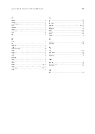 Appendix D: Function and variable index                                                                                                                                                                92




R                                                                                                      T
range . . . . . . . . . . . . . . . . . . . . . . . . . . . . . . . . . . . . . . . . . . . . . 8      t . . . . . . . . . . . . . . . . . . . . . . . . . . . . . . . . . . . . . . . . . . . . . . . . 21
rbind . . . . . . . . . . . . . . . . . . . . . . . . . . . . . . . . . . . . . . . . . . . . 24       T. . . . . . . . . . . . . . . . . . . . . . . . . . . . . . . . . . . . . . . . . . . . . . . . . . 9
read.table . . . . . . . . . . . . . . . . . . . . . . . . . . . . . . . . . . . . . . 30              t.test . . . . . . . . . . . . . . . . . . . . . . . . . . . . . . . . . . . . . . . . . . . 37
rep . . . . . . . . . . . . . . . . . . . . . . . . . . . . . . . . . . . . . . . . . . . . . . . 9    table . . . . . . . . . . . . . . . . . . . . . . . . . . . . . . . . . . . . . . . . 20, 25
repeat . . . . . . . . . . . . . . . . . . . . . . . . . . . . . . . . . . . . . . . . . . . 41        tan . . . . . . . . . . . . . . . . . . . . . . . . . . . . . . . . . . . . . . . . . . . . . . . 8
resid . . . . . . . . . . . . . . . . . . . . . . . . . . . . . . . . . . . . . . . . . . . . 53       tapply . . . . . . . . . . . . . . . . . . . . . . . . . . . . . . . . . . . . . . . . . . . 16
residuals . . . . . . . . . . . . . . . . . . . . . . . . . . . . . . . . . . . . . . . 53             text . . . . . . . . . . . . . . . . . . . . . . . . . . . . . . . . . . . . . . . . . . . . . 65
                                                                                                       title . . . . . . . . . . . . . . . . . . . . . . . . . . . . . . . . . . . . . . . . . . . . 66
rlm . . . . . . . . . . . . . . . . . . . . . . . . . . . . . . . . . . . . . . . . . . . . . . 60
                                                                                                       tree . . . . . . . . . . . . . . . . . . . . . . . . . . . . . . . . . . . . . . . . . . . . . 60
rm . . . . . . . . . . . . . . . . . . . . . . . . . . . . . . . . . . . . . . . . . . . . . . . . 6
                                                                                                       TRUE . . . . . . . . . . . . . . . . . . . . . . . . . . . . . . . . . . . . . . . . . . . . . . 9

S                                                                                                      U
scan . . . . . . . . . . . . . . . . . . . . . . . . . . . . . . . . . . . . . . . . . . . . . 31      unclass. . . . . . . . . . . . . . . . . . . . . . . . . . . . . . . . . . . . . . . . . . 14
sd . . . . . . . . . . . . . . . . . . . . . . . . . . . . . . . . . . . . . . . . . . . . . . . 17    update . . . . . . . . . . . . . . . . . . . . . . . . . . . . . . . . . . . . . . . . . . . 54
search . . . . . . . . . . . . . . . . . . . . . . . . . . . . . . . . . . . . . . . . . . . 29
seq . . . . . . . . . . . . . . . . . . . . . . . . . . . . . . . . . . . . . . . . . . . . . . . 8
shapiro.test . . . . . . . . . . . . . . . . . . . . . . . . . . . . . . . . . . . . 36                V
sin . . . . . . . . . . . . . . . . . . . . . . . . . . . . . . . . . . . . . . . . . . . . . . . 8    var . . . . . . . . . . . . . . . . . . . . . . . . . . . . . . . . . . . . . . . . . . . . 8, 17
sink . . . . . . . . . . . . . . . . . . . . . . . . . . . . . . . . . . . . . . . . . . . . . . 5     var.test . . . . . . . . . . . . . . . . . . . . . . . . . . . . . . . . . . . . . . . . 38
solve . . . . . . . . . . . . . . . . . . . . . . . . . . . . . . . . . . . . . . . . . . . . 22       vcov . . . . . . . . . . . . . . . . . . . . . . . . . . . . . . . . . . . . . . . . . . . . . 54
sort . . . . . . . . . . . . . . . . . . . . . . . . . . . . . . . . . . . . . . . . . . . . . . 8     vector . . . . . . . . . . . . . . . . . . . . . . . . . . . . . . . . . . . . . . . . . . . . 7
source . . . . . . . . . . . . . . . . . . . . . . . . . . . . . . . . . . . . . . . . . . . . 5
split . . . . . . . . . . . . . . . . . . . . . . . . . . . . . . . . . . . . . . . . . . . . 40
sqrt . . . . . . . . . . . . . . . . . . . . . . . . . . . . . . . . . . . . . . . . . . . . . . 8
                                                                                                       W
stem . . . . . . . . . . . . . . . . . . . . . . . . . . . . . . . . . . . . . . . . . . . . . 34      while . . . . . . . . . . . . . . . . . . . . . . . . . . . . . . . . . . . . . . . . . . . . 41
step . . . . . . . . . . . . . . . . . . . . . . . . . . . . . . . . . . . . . . . . . 53, 55          wilcox.test . . . . . . . . . . . . . . . . . . . . . . . . . . . . . . . . . . . . . 38
sum . . . . . . . . . . . . . . . . . . . . . . . . . . . . . . . . . . . . . . . . . . . . . . . 8    windows. . . . . . . . . . . . . . . . . . . . . . . . . . . . . . . . . . . . . . . . . . 73
summary . . . . . . . . . . . . . . . . . . . . . . . . . . . . . . . . . . . . . . 34, 53
svd . . . . . . . . . . . . . . . . . . . . . . . . . . . . . . . . . . . . . . . . . . . . . . 23     X
                                                                                                       X11 . . . . . . . . . . . . . . . . . . . . . . . . . . . . . . . . . . . . . . . . . . . . . . 73
 