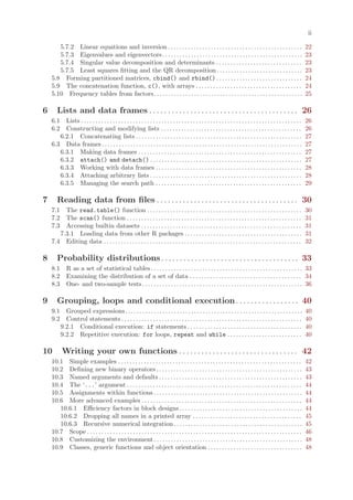 ii

       5.7.2 Linear equations and inversion . . . . . . . . . . . . . . . . . . . . . . . . . . . . . . . . . . . . . . . . . . . . . . .                                 22
       5.7.3 Eigenvalues and eigenvectors . . . . . . . . . . . . . . . . . . . . . . . . . . . . . . . . . . . . . . . . . . . . . . . . .                               23
       5.7.4 Singular value decomposition and determinants . . . . . . . . . . . . . . . . . . . . . . . . . . . . . .                                                    23
       5.7.5 Least squares fitting and the QR decomposition . . . . . . . . . . . . . . . . . . . . . . . . . . . . . .                                                   23
    5.8 Forming partitioned matrices, cbind() and rbind() . . . . . . . . . . . . . . . . . . . . . . . . . . . . . .                                                     24
    5.9 The concatenation function, c(), with arrays . . . . . . . . . . . . . . . . . . . . . . . . . . . . . . . . . . . . .                                            24
    5.10 Frequency tables from factors. . . . . . . . . . . . . . . . . . . . . . . . . . . . . . . . . . . . . . . . . . . . . . . . . . . .                             25

6      Lists and data frames . . . . . . . . . . . . . . . . . . . . . . . . . . . . . . . . . . . . . . . . 26
    6.1 Lists . . . . . . . . . . . . . . . . . . . . . . . . . . . . . . . . . . . . . . . . . . . . . . . . . . . . . . . . . . . . . . . . . . . . . . . . . . . . .   26
    6.2 Constructing and modifying lists . . . . . . . . . . . . . . . . . . . . . . . . . . . . . . . . . . . . . . . . . . . . . . . . .                                26
       6.2.1 Concatenating lists . . . . . . . . . . . . . . . . . . . . . . . . . . . . . . . . . . . . . . . . . . . . . . . . . . . . . . . . . .                      27
    6.3 Data frames . . . . . . . . . . . . . . . . . . . . . . . . . . . . . . . . . . . . . . . . . . . . . . . . . . . . . . . . . . . . . . . . . . . . . .           27
       6.3.1 Making data frames . . . . . . . . . . . . . . . . . . . . . . . . . . . . . . . . . . . . . . . . . . . . . . . . . . . . . . . . .                         27
       6.3.2 attach() and detach() . . . . . . . . . . . . . . . . . . . . . . . . . . . . . . . . . . . . . . . . . . . . . . . . . . . . .                              27
       6.3.3 Working with data frames . . . . . . . . . . . . . . . . . . . . . . . . . . . . . . . . . . . . . . . . . . . . . . . . . . .                               28
       6.3.4 Attaching arbitrary lists . . . . . . . . . . . . . . . . . . . . . . . . . . . . . . . . . . . . . . . . . . . . . . . . . . . . .                          28
       6.3.5 Managing the search path . . . . . . . . . . . . . . . . . . . . . . . . . . . . . . . . . . . . . . . . . . . . . . . . . . .                               29

7      Reading data from files . . . . . . . . . . . . . . . . . . . . . . . . . . . . . . . . . . . . . . 30
    7.1 The read.table() function . . . . . . . . . . . . . . . . . . . . . . . . . . . . . . . . . . . . . . . . . . . . . . . . . . . . . .                             30
    7.2 The scan() function . . . . . . . . . . . . . . . . . . . . . . . . . . . . . . . . . . . . . . . . . . . . . . . . . . . . . . . . . . . . .                     31
    7.3 Accessing builtin datasets . . . . . . . . . . . . . . . . . . . . . . . . . . . . . . . . . . . . . . . . . . . . . . . . . . . . . . . .                        31
       7.3.1 Loading data from other R packages . . . . . . . . . . . . . . . . . . . . . . . . . . . . . . . . . . . . . . . . .                                         31
    7.4 Editing data . . . . . . . . . . . . . . . . . . . . . . . . . . . . . . . . . . . . . . . . . . . . . . . . . . . . . . . . . . . . . . . . . . . . .            32

8      Probability distributions . . . . . . . . . . . . . . . . . . . . . . . . . . . . . . . . . . . . . 33
    8.1 R as a set of statistical tables . . . . . . . . . . . . . . . . . . . . . . . . . . . . . . . . . . . . . . . . . . . . . . . . . . . . . 33
    8.2 Examining the distribution of a set of data . . . . . . . . . . . . . . . . . . . . . . . . . . . . . . . . . . . . . . . 34
    8.3 One- and two-sample tests . . . . . . . . . . . . . . . . . . . . . . . . . . . . . . . . . . . . . . . . . . . . . . . . . . . . . . . . 36

9      Grouping, loops and conditional execution . . . . . . . . . . . . . . . . . 40
    9.1 Grouped expressions. . . . . . . . . . . . . . . . . . . . . . . . . . . . . . . . . . . . . . . . . . . . . . . . . . . . . . . . . . . . . .                    40
    9.2 Control statements . . . . . . . . . . . . . . . . . . . . . . . . . . . . . . . . . . . . . . . . . . . . . . . . . . . . . . . . . . . . . . .                  40
       9.2.1 Conditional execution: if statements . . . . . . . . . . . . . . . . . . . . . . . . . . . . . . . . . . . . . . . .                                         40
       9.2.2 Repetitive execution: for loops, repeat and while . . . . . . . . . . . . . . . . . . . . . . . . . .                                                        40

10        Writing your own functions . . . . . . . . . . . . . . . . . . . . . . . . . . . . . . . . 42
    10.1 Simple examples . . . . . . . . . . . . . . . . . . . . . . . . . . . . . . . . . . . . . . . . . . . . . . . . . . . . . . . . . . . . . . . .                  42
    10.2 Defining new binary operators . . . . . . . . . . . . . . . . . . . . . . . . . . . . . . . . . . . . . . . . . . . . . . . . . . .                              43
    10.3 Named arguments and defaults . . . . . . . . . . . . . . . . . . . . . . . . . . . . . . . . . . . . . . . . . . . . . . . . . .                                 43
    10.4 The ‘...’ argument . . . . . . . . . . . . . . . . . . . . . . . . . . . . . . . . . . . . . . . . . . . . . . . . . . . . . . . . . . . . .                     44
    10.5 Assignments within functions . . . . . . . . . . . . . . . . . . . . . . . . . . . . . . . . . . . . . . . . . . . . . . . . . . . .                             44
    10.6 More advanced examples . . . . . . . . . . . . . . . . . . . . . . . . . . . . . . . . . . . . . . . . . . . . . . . . . . . . . . . .                           44
       10.6.1 Efficiency factors in block designs . . . . . . . . . . . . . . . . . . . . . . . . . . . . . . . . . . . . . . . . . . .                                   44
       10.6.2 Dropping all names in a printed array . . . . . . . . . . . . . . . . . . . . . . . . . . . . . . . . . . . . . .                                           45
       10.6.3 Recursive numerical integration . . . . . . . . . . . . . . . . . . . . . . . . . . . . . . . . . . . . . . . . . . . . .                                   45
    10.7 Scope . . . . . . . . . . . . . . . . . . . . . . . . . . . . . . . . . . . . . . . . . . . . . . . . . . . . . . . . . . . . . . . . . . . . . . . . . . .      46
    10.8 Customizing the environment . . . . . . . . . . . . . . . . . . . . . . . . . . . . . . . . . . . . . . . . . . . . . . . . . . . .                              48
    10.9 Classes, generic functions and object orientation . . . . . . . . . . . . . . . . . . . . . . . . . . . . . . . . .                                              48
 