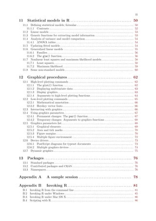 iii

11     Statistical models in R . . . . . . . . . . . . . . . . . . . . . . . . . . . . . . . . . . . . . 50
 11.1 Defining statistical models; formulae . . . . . . . . . . . . . . . . . . . . . . . . . . . . . . . . . . . . . . . . . . . . .                          50
    11.1.1 Contrasts . . . . . . . . . . . . . . . . . . . . . . . . . . . . . . . . . . . . . . . . . . . . . . . . . . . . . . . . . . . . . . . . . .       52
 11.2 Linear models . . . . . . . . . . . . . . . . . . . . . . . . . . . . . . . . . . . . . . . . . . . . . . . . . . . . . . . . . . . . . . . . . . .      53
 11.3 Generic functions for extracting model information . . . . . . . . . . . . . . . . . . . . . . . . . . . . . .                                           53
 11.4 Analysis of variance and model comparison . . . . . . . . . . . . . . . . . . . . . . . . . . . . . . . . . . . . . .                                    54
    11.4.1 ANOVA tables . . . . . . . . . . . . . . . . . . . . . . . . . . . . . . . . . . . . . . . . . . . . . . . . . . . . . . . . . . . . .              54
 11.5 Updating fitted models . . . . . . . . . . . . . . . . . . . . . . . . . . . . . . . . . . . . . . . . . . . . . . . . . . . . . . . . . .               54
 11.6 Generalized linear models . . . . . . . . . . . . . . . . . . . . . . . . . . . . . . . . . . . . . . . . . . . . . . . . . . . . . . .                  55
    11.6.1 Families . . . . . . . . . . . . . . . . . . . . . . . . . . . . . . . . . . . . . . . . . . . . . . . . . . . . . . . . . . . . . . . . . . . .    56
    11.6.2 The glm() function. . . . . . . . . . . . . . . . . . . . . . . . . . . . . . . . . . . . . . . . . . . . . . . . . . . . . . . . .                 56
 11.7 Nonlinear least squares and maximum likelihood models . . . . . . . . . . . . . . . . . . . . . . . . .                                                  58
    11.7.1 Least squares . . . . . . . . . . . . . . . . . . . . . . . . . . . . . . . . . . . . . . . . . . . . . . . . . . . . . . . . . . . . . . .         58
    11.7.2 Maximum likelihood . . . . . . . . . . . . . . . . . . . . . . . . . . . . . . . . . . . . . . . . . . . . . . . . . . . . . . . .                  59
 11.8 Some non-standard models . . . . . . . . . . . . . . . . . . . . . . . . . . . . . . . . . . . . . . . . . . . . . . . . . . . . . .                     60

12     Graphical procedures . . . . . . . . . . . . . . . . . . . . . . . . . . . . . . . . . . . . . . . 62
 12.1 High-level plotting commands . . . . . . . . . . . . . . . . . . . . . . . . . . . . . . . . . . . . . . . . . . . . . . . . . . .                       62
    12.1.1 The plot() function . . . . . . . . . . . . . . . . . . . . . . . . . . . . . . . . . . . . . . . . . . . . . . . . . . . . . . .                   62
    12.1.2 Displaying multivariate data . . . . . . . . . . . . . . . . . . . . . . . . . . . . . . . . . . . . . . . . . . . . . . . .                        63
    12.1.3 Display graphics . . . . . . . . . . . . . . . . . . . . . . . . . . . . . . . . . . . . . . . . . . . . . . . . . . . . . . . . . . . .            63
    12.1.4 Arguments to high-level plotting functions . . . . . . . . . . . . . . . . . . . . . . . . . . . . . . . . . .                                      64
 12.2 Low-level plotting commands . . . . . . . . . . . . . . . . . . . . . . . . . . . . . . . . . . . . . . . . . . . . . . . . . . . .                      65
    12.2.1 Mathematical annotation . . . . . . . . . . . . . . . . . . . . . . . . . . . . . . . . . . . . . . . . . . . . . . . . . . .                       66
    12.2.2 Hershey vector fonts . . . . . . . . . . . . . . . . . . . . . . . . . . . . . . . . . . . . . . . . . . . . . . . . . . . . . . . .                66
 12.3 Interacting with graphics . . . . . . . . . . . . . . . . . . . . . . . . . . . . . . . . . . . . . . . . . . . . . . . . . . . . . . . .                66
 12.4 Using graphics parameters . . . . . . . . . . . . . . . . . . . . . . . . . . . . . . . . . . . . . . . . . . . . . . . . . . . . . . .                  67
    12.4.1 Permanent changes: The par() function . . . . . . . . . . . . . . . . . . . . . . . . . . . . . . . . . . . .                                       67
    12.4.2 Temporary changes: Arguments to graphics functions . . . . . . . . . . . . . . . . . . . . . . .                                                    68
 12.5 Graphics parameters list. . . . . . . . . . . . . . . . . . . . . . . . . . . . . . . . . . . . . . . . . . . . . . . . . . . . . . . . .                68
    12.5.1 Graphical elements . . . . . . . . . . . . . . . . . . . . . . . . . . . . . . . . . . . . . . . . . . . . . . . . . . . . . . . . .                69
    12.5.2 Axes and tick marks . . . . . . . . . . . . . . . . . . . . . . . . . . . . . . . . . . . . . . . . . . . . . . . . . . . . . . . .                 70
    12.5.3 Figure margins . . . . . . . . . . . . . . . . . . . . . . . . . . . . . . . . . . . . . . . . . . . . . . . . . . . . . . . . . . . . .            70
    12.5.4 Multiple figure environment . . . . . . . . . . . . . . . . . . . . . . . . . . . . . . . . . . . . . . . . . . . . . . . .                         72
 12.6 Device drivers . . . . . . . . . . . . . . . . . . . . . . . . . . . . . . . . . . . . . . . . . . . . . . . . . . . . . . . . . . . . . . . . . . .     73
    12.6.1 PostScript diagrams for typeset documents . . . . . . . . . . . . . . . . . . . . . . . . . . . . . . . . .                                         73
    12.6.2 Multiple graphics devices . . . . . . . . . . . . . . . . . . . . . . . . . . . . . . . . . . . . . . . . . . . . . . . . . . .                     74
 12.7 Dynamic graphics . . . . . . . . . . . . . . . . . . . . . . . . . . . . . . . . . . . . . . . . . . . . . . . . . . . . . . . . . . . . . . .           75

13     Packages . . . . . . . . . . . . . . . . . . . . . . . . . . . . . . . . . . . . . . . . . . . . . . . . . . . . . 76
 13.1 Standard packages . . . . . . . . . . . . . . . . . . . . . . . . . . . . . . . . . . . . . . . . . . . . . . . . . . . . . . . . . . . . . . 76
 13.2 Contributed packages and CRAN . . . . . . . . . . . . . . . . . . . . . . . . . . . . . . . . . . . . . . . . . . . . . . . . 76
 13.3 Namespaces . . . . . . . . . . . . . . . . . . . . . . . . . . . . . . . . . . . . . . . . . . . . . . . . . . . . . . . . . . . . . . . . . . . . . 76

Appendix A                        A sample session . . . . . . . . . . . . . . . . . . . . . . . . . . . . . . . . 78

Appendix B                        Invoking R . . . . . . . . . . . . . . . . . . . . . . . . . . . . . . . . . . . . . . . 81
 B.1      Invoking R from the command line . . . . . . . . . . . . . . . . . . . . . . . . . . . . . . . . . . . . . . . . . . . . . . .                       81
 B.2      Invoking R under Windows . . . . . . . . . . . . . . . . . . . . . . . . . . . . . . . . . . . . . . . . . . . . . . . . . . . . . .                 85
 B.3      Invoking R under Mac OS X . . . . . . . . . . . . . . . . . . . . . . . . . . . . . . . . . . . . . . . . . . . . . . . . . . . . .                  86
 B.4      Scripting with R . . . . . . . . . . . . . . . . . . . . . . . . . . . . . . . . . . . . . . . . . . . . . . . . . . . . . . . . . . . . . . . . .   86
 