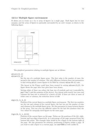 Chapter 12: Graphical procedures                                                               72




12.5.4 Multiple figure environment
R allows you to create an n by m array of figures on a single page. Each figure has its own
margins, and the array of figures is optionally surrounded by an outer margin, as shown in the
following figure.


        −−−−−−−−−−−−−−−
        −−−−−−−−−−−−−−−
        −−−−−−−−−−−−−−−         oma[3]
        −−−−−−−−−−−−−−−
        −−−−−−−−−−−−−−−




                                      omi[4]
                     mfg=c(3,2,3,2)




                   omi[1]
   mfrow=c(3,2)




   The graphical parameters relating to multiple figures are as follows:

mfcol=c(3, 2)
mfrow=c(2, 4)
          Set the size of a multiple figure array. The first value is the number of rows; the
          second is the number of columns. The only difference between these two parameters
          is that setting mfcol causes figures to be filled by column; mfrow fills by rows.
              The layout in the Figure could have been created by setting mfrow=c(3,2); the
              figure shows the page after four plots have been drawn.
              Setting either of these can reduce the base size of symbols and text (controlled by
              par(cex) and the pointsize of the device). In a layout with exactly two rows and
              columns the base size is reduced by a factor of 0.83: if there are three or more of
              either rows or columns, the reduction factor is 0.66.

mfg=c(2, 2, 3, 2)
          Position of the current figure in a multiple figure environment. The first two numbers
          are the row and column of the current figure; the last two are the number of rows
          and columns in the multiple figure array. Set this parameter to jump between figures
          in the array. You can even use different values for the last two numbers than the
          true values for unequally-sized figures on the same page.

fig=c(4, 9, 1, 4)/10
          Position of the current figure on the page. Values are the positions of the left, right,
          bottom and top edges respectively, as a percentage of the page measured from the
          bottom left corner. The example value would be for a figure in the bottom right of
          the page. Set this parameter for arbitrary positioning of figures within a page. If
          you want to add a figure to a current page, use new=TRUE as well (unlike S).
 