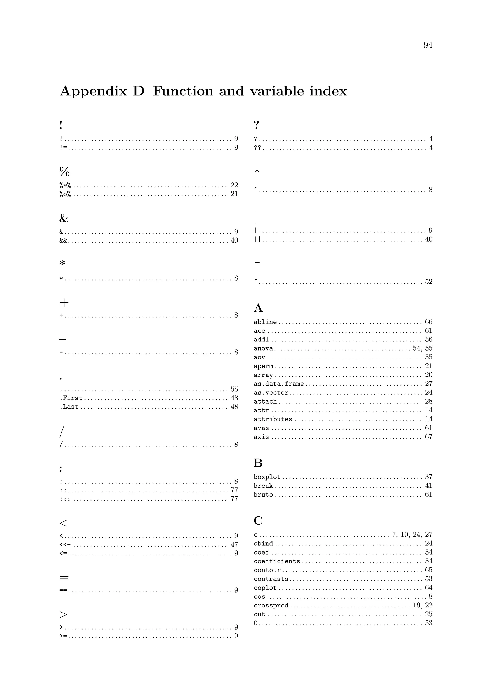 94
Appendix D Function and variable index
!
! . . . . . . . . . . . . . . . . . . . . . . . . . . . . . . . . . . . . . . . . . . . . . . . . . . 9
!=. . . . . . . . . . . . . . . . . . . . . . . . . . . . . . . . . . . . . . . . . . . . . . . . . 9
%
%*% . . . . . . . . . . . . . . . . . . . . . . . . . . . . . . . . . . . . . . . . . . . . . . 22
%o% . . . . . . . . . . . . . . . . . . . . . . . . . . . . . . . . . . . . . . . . . . . . . . 21

 . . . . . . . . . . . . . . . . . . . . . . . . . . . . . . . . . . . . . . . . . . . . . . . . . . 9
. . . . . . . . . . . . . . . . . . . . . . . . . . . . . . . . . . . . . . . . . . . . . . . . 40
*
* . . . . . . . . . . . . . . . . . . . . . . . . . . . . . . . . . . . . . . . . . . . . . . . . . . 8
+
+ . . . . . . . . . . . . . . . . . . . . . . . . . . . . . . . . . . . . . . . . . . . . . . . . . . 8
–
- . . . . . . . . . . . . . . . . . . . . . . . . . . . . . . . . . . . . . . . . . . . . . . . . . . 8
.
.. . . . . . . . . . . . . . . . . . . . . . . . . . . . . . . . . . . . . . . . . . . . . . . . . 55
.First . . . . . . . . . . . . . . . . . . . . . . . . . . . . . . . . . . . . . . . . . . . 48
.Last . . . . . . . . . . . . . . . . . . . . . . . . . . . . . . . . . . . . . . . . . . . . 48
/
/ . . . . . . . . . . . . . . . . . . . . . . . . . . . . . . . . . . . . . . . . . . . . . . . . . . 8
:
: . . . . . . . . . . . . . . . . . . . . . . . . . . . . . . . . . . . . . . . . . . . . . . . . . . 8
::. . . . . . . . . . . . . . . . . . . . . . . . . . . . . . . . . . . . . . . . . . . . . . . . 77
::: . . . . . . . . . . . . . . . . . . . . . . . . . . . . . . . . . . . . . . . . . . . . . . 77

 . . . . . . . . . . . . . . . . . . . . . . . . . . . . . . . . . . . . . . . . . . . . . . . . . . 9
- . . . . . . . . . . . . . . . . . . . . . . . . . . . . . . . . . . . . . . . . . . . . . . 47
=. . . . . . . . . . . . . . . . . . . . . . . . . . . . . . . . . . . . . . . . . . . . . . . . . 9
=
==. . . . . . . . . . . . . . . . . . . . . . . . . . . . . . . . . . . . . . . . . . . . . . . . . 9

 . . . . . . . . . . . . . . . . . . . . . . . . . . . . . . . . . . . . . . . . . . . . . . . . . . 9
=. . . . . . . . . . . . . . . . . . . . . . . . . . . . . . . . . . . . . . . . . . . . . . . . . 9
?
? . . . . . . . . . . . . . . . . . . . . . . . . . . . . . . . . . . . . . . . . . . . . . . . . . . 4
??. . . . . . . . . . . . . . . . . . . . . . . . . . . . . . . . . . . . . . . . . . . . . . . . . 4
^
^ . . . . . . . . . . . . . . . . . . . . . . . . . . . . . . . . . . . . . . . . . . . . . . . . . . 8
|
| . . . . . . . . . . . . . . . . . . . . . . . . . . . . . . . . . . . . . . . . . . . . . . . . . . 9
||. . . . . . . . . . . . . . . . . . . . . . . . . . . . . . . . . . . . . . . . . . . . . . . . 40
~
~. . . . . . . . . . . . . . . . . . . . . . . . . . . . . . . . . . . . . . . . . . . . . . . . . 52
A
abline . . . . . . . . . . . . . . . . . . . . . . . . . . . . . . . . . . . . . . . . . . . 66
ace . . . . . . . . . . . . . . . . . . . . . . . . . . . . . . . . . . . . . . . . . . . . . . 61
add1 . . . . . . . . . . . . . . . . . . . . . . . . . . . . . . . . . . . . . . . . . . . . . 56
anova. . . . . . . . . . . . . . . . . . . . . . . . . . . . . . . . . . . . . . . . . 54, 55
aov . . . . . . . . . . . . . . . . . . . . . . . . . . . . . . . . . . . . . . . . . . . . . . 55
aperm . . . . . . . . . . . . . . . . . . . . . . . . . . . . . . . . . . . . . . . . . . . . 21
array . . . . . . . . . . . . . . . . . . . . . . . . . . . . . . . . . . . . . . . . . . . . 20
as.data.frame . . . . . . . . . . . . . . . . . . . . . . . . . . . . . . . . . . . 27
as.vector. . . . . . . . . . . . . . . . . . . . . . . . . . . . . . . . . . . . . . . . 24
attach . . . . . . . . . . . . . . . . . . . . . . . . . . . . . . . . . . . . . . . . . . . 28
attr . . . . . . . . . . . . . . . . . . . . . . . . . . . . . . . . . . . . . . . . . . . . . 14
attributes . . . . . . . . . . . . . . . . . . . . . . . . . . . . . . . . . . . . . . 14
avas . . . . . . . . . . . . . . . . . . . . . . . . . . . . . . . . . . . . . . . . . . . . . 61
axis . . . . . . . . . . . . . . . . . . . . . . . . . . . . . . . . . . . . . . . . . . . . . 67
B
boxplot . . . . . . . . . . . . . . . . . . . . . . . . . . . . . . . . . . . . . . . . . . 37
break . . . . . . . . . . . . . . . . . . . . . . . . . . . . . . . . . . . . . . . . . . . . 41
bruto . . . . . . . . . . . . . . . . . . . . . . . . . . . . . . . . . . . . . . . . . . . . 61
C
c . . . . . . . . . . . . . . . . . . . . . . . . . . . . . . . . . . . . . . . 7, 10, 24, 27
cbind . . . . . . . . . . . . . . . . . . . . . . . . . . . . . . . . . . . . . . . . . . . . 24
coef . . . . . . . . . . . . . . . . . . . . . . . . . . . . . . . . . . . . . . . . . . . . . 54
coefficients . . . . . . . . . . . . . . . . . . . . . . . . . . . . . . . . . . . . 54
contour . . . . . . . . . . . . . . . . . . . . . . . . . . . . . . . . . . . . . . . . . . 65
contrasts. . . . . . . . . . . . . . . . . . . . . . . . . . . . . . . . . . . . . . . . 53
coplot . . . . . . . . . . . . . . . . . . . . . . . . . . . . . . . . . . . . . . . . . . . 64
cos. . . . . . . . . . . . . . . . . . . . . . . . . . . . . . . . . . . . . . . . . . . . . . . . 8
crossprod . . . . . . . . . . . . . . . . . . . . . . . . . . . . . . . . . . . . 19, 22
cut . . . . . . . . . . . . . . . . . . . . . . . . . . . . . . . . . . . . . . . . . . . . . . 25
C. . . . . . . . . . . . . . . . . . . . . . . . . . . . . . . . . . . . . . . . . . . . . . . . . 53
 