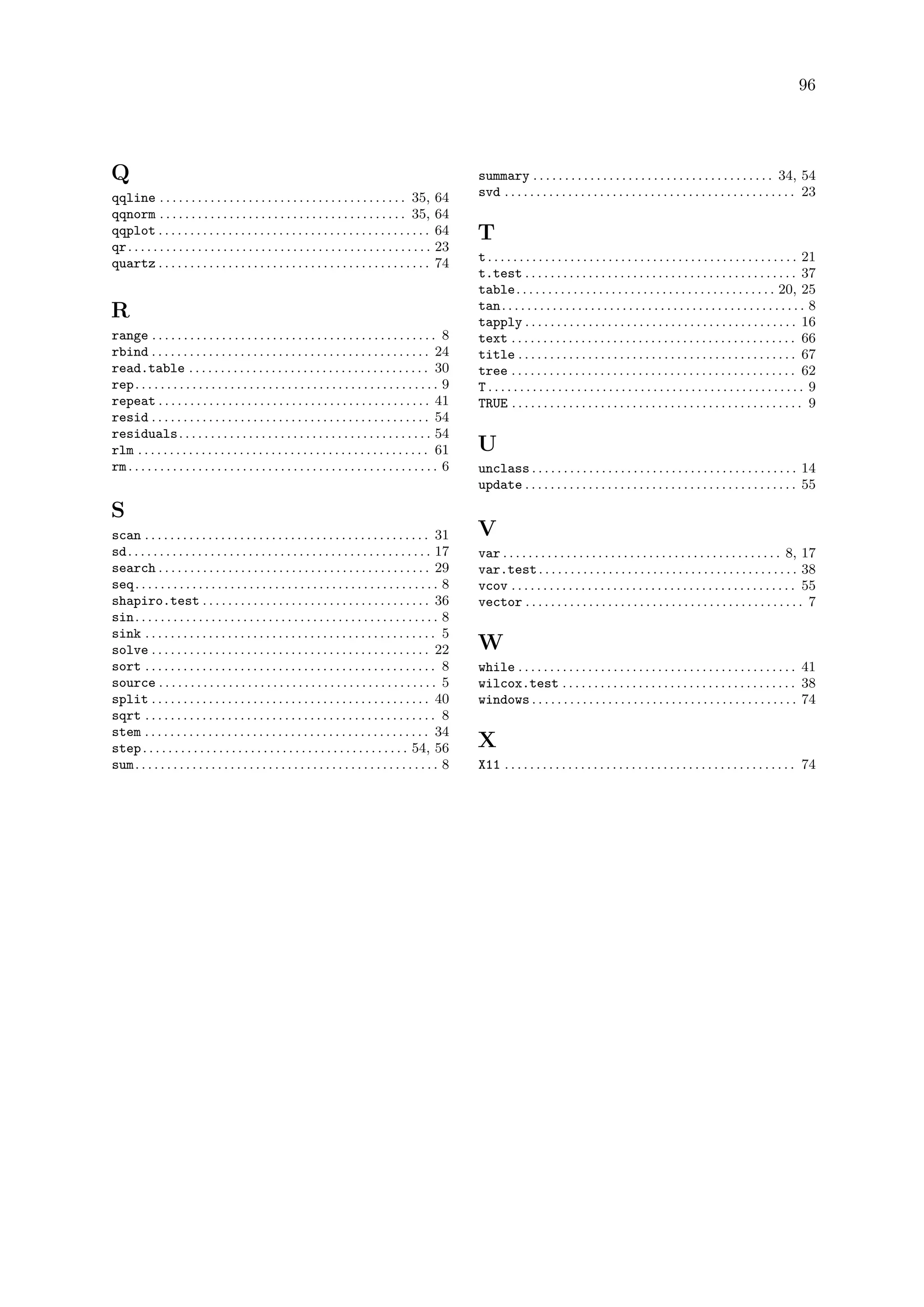 96
Q
qqline . . . . . . . . . . . . . . . . . . . . . . . . . . . . . . . . . . . . . . . 35, 64
qqnorm . . . . . . . . . . . . . . . . . . . . . . . . . . . . . . . . . . . . . . . 35, 64
qqplot . . . . . . . . . . . . . . . . . . . . . . . . . . . . . . . . . . . . . . . . . . . 64
qr. . . . . . . . . . . . . . . . . . . . . . . . . . . . . . . . . . . . . . . . . . . . . . . . 23
quartz . . . . . . . . . . . . . . . . . . . . . . . . . . . . . . . . . . . . . . . . . . . 74
R
range . . . . . . . . . . . . . . . . . . . . . . . . . . . . . . . . . . . . . . . . . . . . . 8
rbind . . . . . . . . . . . . . . . . . . . . . . . . . . . . . . . . . . . . . . . . . . . . 24
read.table . . . . . . . . . . . . . . . . . . . . . . . . . . . . . . . . . . . . . . 30
rep. . . . . . . . . . . . . . . . . . . . . . . . . . . . . . . . . . . . . . . . . . . . . . . . 9
repeat . . . . . . . . . . . . . . . . . . . . . . . . . . . . . . . . . . . . . . . . . . . 41
resid . . . . . . . . . . . . . . . . . . . . . . . . . . . . . . . . . . . . . . . . . . . . 54
residuals. . . . . . . . . . . . . . . . . . . . . . . . . . . . . . . . . . . . . . . . 54
rlm . . . . . . . . . . . . . . . . . . . . . . . . . . . . . . . . . . . . . . . . . . . . . . 61
rm. . . . . . . . . . . . . . . . . . . . . . . . . . . . . . . . . . . . . . . . . . . . . . . . . 6
S
scan . . . . . . . . . . . . . . . . . . . . . . . . . . . . . . . . . . . . . . . . . . . . . 31
sd. . . . . . . . . . . . . . . . . . . . . . . . . . . . . . . . . . . . . . . . . . . . . . . . 17
search . . . . . . . . . . . . . . . . . . . . . . . . . . . . . . . . . . . . . . . . . . . 29
seq. . . . . . . . . . . . . . . . . . . . . . . . . . . . . . . . . . . . . . . . . . . . . . . . 8
shapiro.test . . . . . . . . . . . . . . . . . . . . . . . . . . . . . . . . . . . . 36
sin. . . . . . . . . . . . . . . . . . . . . . . . . . . . . . . . . . . . . . . . . . . . . . . . 8
sink . . . . . . . . . . . . . . . . . . . . . . . . . . . . . . . . . . . . . . . . . . . . . . 5
solve . . . . . . . . . . . . . . . . . . . . . . . . . . . . . . . . . . . . . . . . . . . . 22
sort . . . . . . . . . . . . . . . . . . . . . . . . . . . . . . . . . . . . . . . . . . . . . . 8
source . . . . . . . . . . . . . . . . . . . . . . . . . . . . . . . . . . . . . . . . . . . . 5
split . . . . . . . . . . . . . . . . . . . . . . . . . . . . . . . . . . . . . . . . . . . . 40
sqrt . . . . . . . . . . . . . . . . . . . . . . . . . . . . . . . . . . . . . . . . . . . . . . 8
stem . . . . . . . . . . . . . . . . . . . . . . . . . . . . . . . . . . . . . . . . . . . . . 34
step. . . . . . . . . . . . . . . . . . . . . . . . . . . . . . . . . . . . . . . . . . 54, 56
sum. . . . . . . . . . . . . . . . . . . . . . . . . . . . . . . . . . . . . . . . . . . . . . . . 8
summary . . . . . . . . . . . . . . . . . . . . . . . . . . . . . . . . . . . . . . 34, 54
svd . . . . . . . . . . . . . . . . . . . . . . . . . . . . . . . . . . . . . . . . . . . . . . 23
T
t. . . . . . . . . . . . . . . . . . . . . . . . . . . . . . . . . . . . . . . . . . . . . . . . . 21
t.test . . . . . . . . . . . . . . . . . . . . . . . . . . . . . . . . . . . . . . . . . . . 37
table. . . . . . . . . . . . . . . . . . . . . . . . . . . . . . . . . . . . . . . . . 20, 25
tan. . . . . . . . . . . . . . . . . . . . . . . . . . . . . . . . . . . . . . . . . . . . . . . . 8
tapply . . . . . . . . . . . . . . . . . . . . . . . . . . . . . . . . . . . . . . . . . . . 16
text . . . . . . . . . . . . . . . . . . . . . . . . . . . . . . . . . . . . . . . . . . . . . 66
title . . . . . . . . . . . . . . . . . . . . . . . . . . . . . . . . . . . . . . . . . . . . 67
tree . . . . . . . . . . . . . . . . . . . . . . . . . . . . . . . . . . . . . . . . . . . . . 62
T . . . . . . . . . . . . . . . . . . . . . . . . . . . . . . . . . . . . . . . . . . . . . . . . . . 9
TRUE . . . . . . . . . . . . . . . . . . . . . . . . . . . . . . . . . . . . . . . . . . . . . . 9
U
unclass . . . . . . . . . . . . . . . . . . . . . . . . . . . . . . . . . . . . . . . . . . 14
update . . . . . . . . . . . . . . . . . . . . . . . . . . . . . . . . . . . . . . . . . . . 55
V
var . . . . . . . . . . . . . . . . . . . . . . . . . . . . . . . . . . . . . . . . . . . . 8, 17
var.test. . . . . . . . . . . . . . . . . . . . . . . . . . . . . . . . . . . . . . . . . 38
vcov . . . . . . . . . . . . . . . . . . . . . . . . . . . . . . . . . . . . . . . . . . . . . 55
vector . . . . . . . . . . . . . . . . . . . . . . . . . . . . . . . . . . . . . . . . . . . . 7
W
while . . . . . . . . . . . . . . . . . . . . . . . . . . . . . . . . . . . . . . . . . . . . 41
wilcox.test . . . . . . . . . . . . . . . . . . . . . . . . . . . . . . . . . . . . . 38
windows . . . . . . . . . . . . . . . . . . . . . . . . . . . . . . . . . . . . . . . . . . 74
X
X11 . . . . . . . . . . . . . . . . . . . . . . . . . . . . . . . . . . . . . . . . . . . . . . 74
 