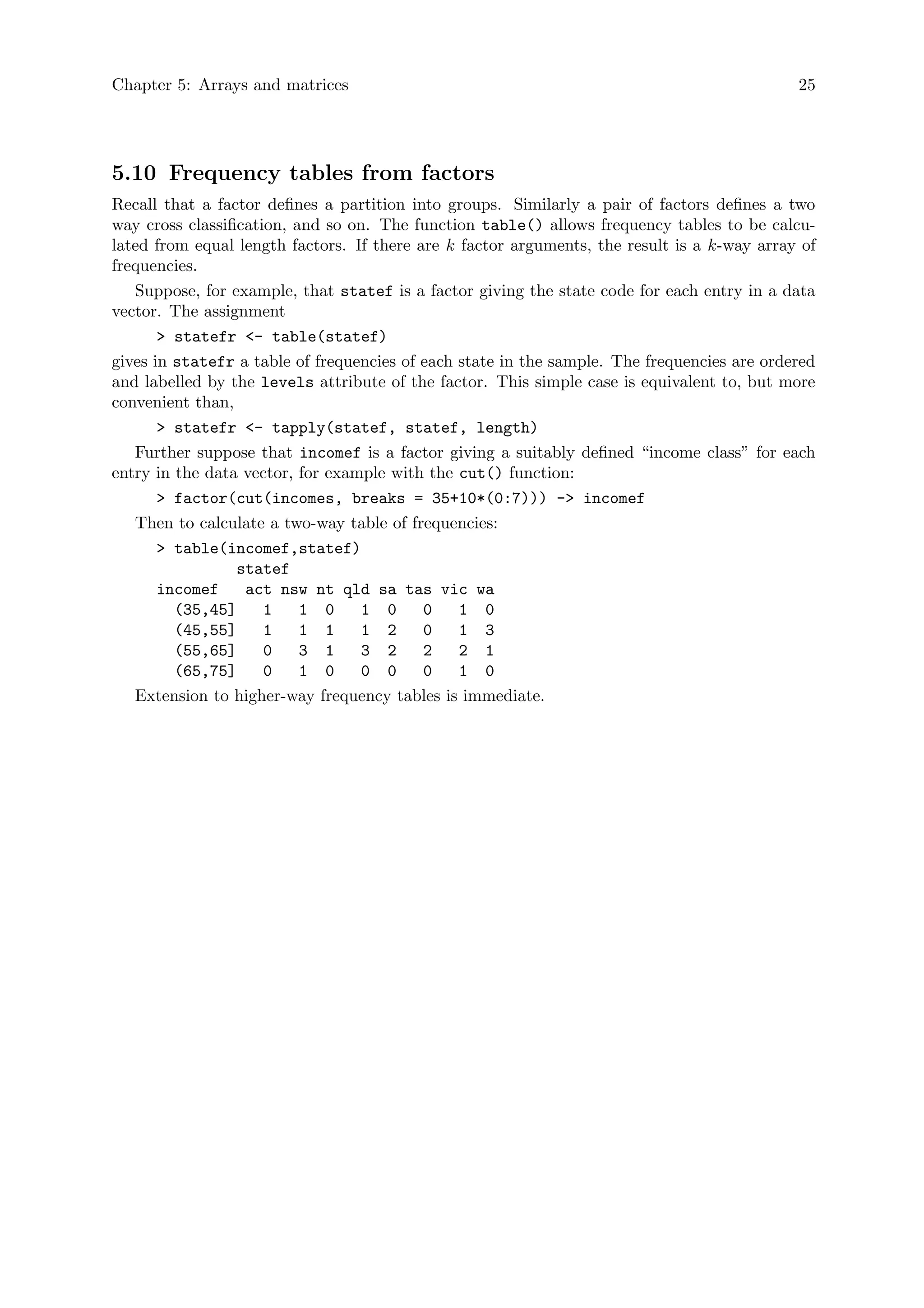 Chapter 5: Arrays and matrices 25
5.10 Frequency tables from factors
Recall that a factor defines a partition into groups. Similarly a pair of factors defines a two
way cross classification, and so on. The function table() allows frequency tables to be calcu-
lated from equal length factors. If there are k factor arguments, the result is a k-way array of
frequencies.
Suppose, for example, that statef is a factor giving the state code for each entry in a data
vector. The assignment
> statefr <- table(statef)
gives in statefr a table of frequencies of each state in the sample. The frequencies are ordered
and labelled by the levels attribute of the factor. This simple case is equivalent to, but more
convenient than,
> statefr <- tapply(statef, statef, length)
Further suppose that incomef is a factor giving a suitably defined “income class” for each
entry in the data vector, for example with the cut() function:
> factor(cut(incomes, breaks = 35+10*(0:7))) -> incomef
Then to calculate a two-way table of frequencies:
> table(incomef,statef)
statef
incomef act nsw nt qld sa tas vic wa
(35,45] 1 1 0 1 0 0 1 0
(45,55] 1 1 1 1 2 0 1 3
(55,65] 0 3 1 3 2 2 2 1
(65,75] 0 1 0 0 0 0 1 0
Extension to higher-way frequency tables is immediate.
 