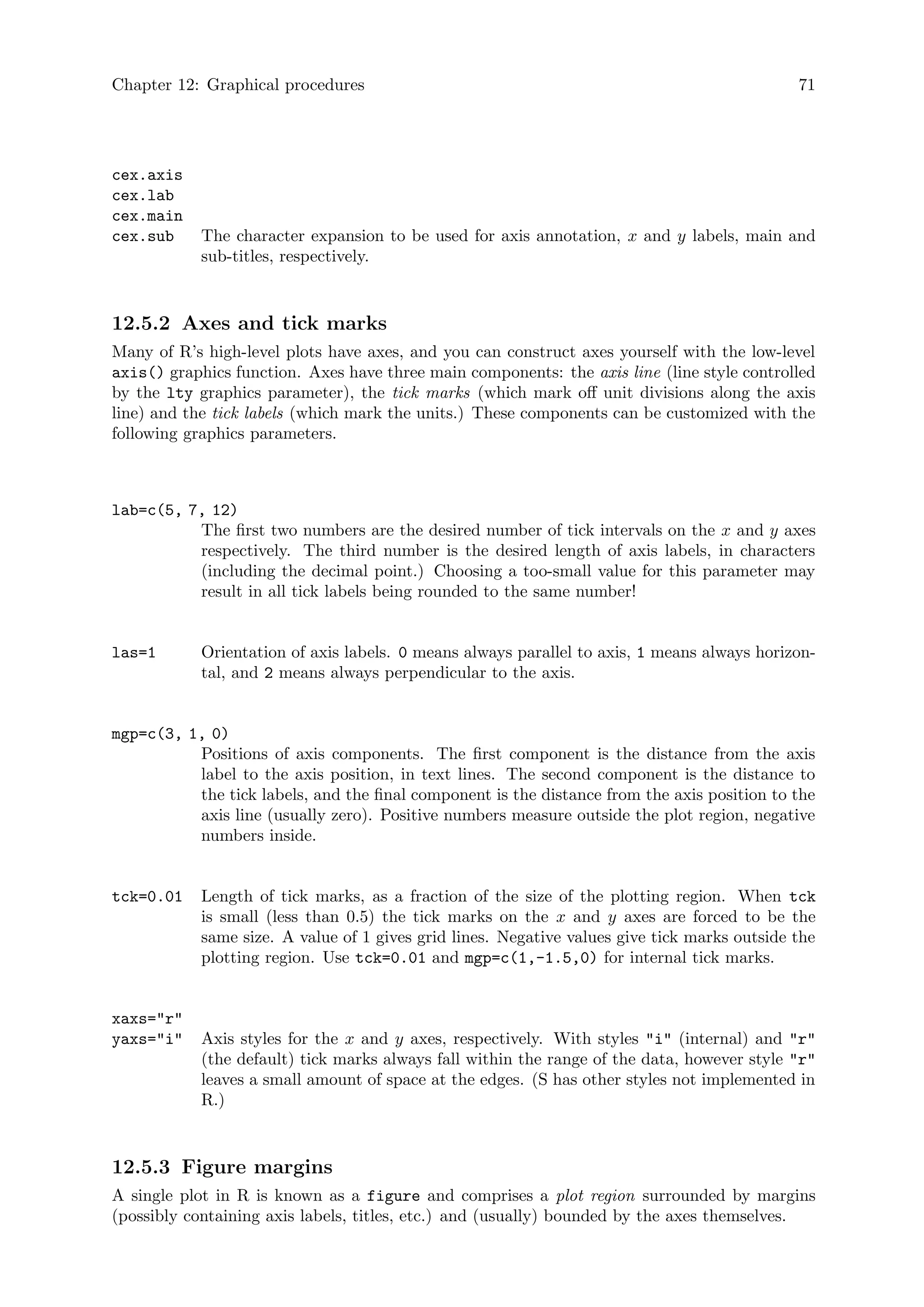 Chapter 12: Graphical procedures 71
cex.axis
cex.lab
cex.main
cex.sub The character expansion to be used for axis annotation, x and y labels, main and
sub-titles, respectively.
12.5.2 Axes and tick marks
Many of R’s high-level plots have axes, and you can construct axes yourself with the low-level
axis() graphics function. Axes have three main components: the axis line (line style controlled
by the lty graphics parameter), the tick marks (which mark off unit divisions along the axis
line) and the tick labels (which mark the units.) These components can be customized with the
following graphics parameters.
lab=c(5, 7, 12)
The first two numbers are the desired number of tick intervals on the x and y axes
respectively. The third number is the desired length of axis labels, in characters
(including the decimal point.) Choosing a too-small value for this parameter may
result in all tick labels being rounded to the same number!
las=1 Orientation of axis labels. 0 means always parallel to axis, 1 means always horizon-
tal, and 2 means always perpendicular to the axis.
mgp=c(3, 1, 0)
Positions of axis components. The first component is the distance from the axis
label to the axis position, in text lines. The second component is the distance to
the tick labels, and the final component is the distance from the axis position to the
axis line (usually zero). Positive numbers measure outside the plot region, negative
numbers inside.
tck=0.01 Length of tick marks, as a fraction of the size of the plotting region. When tck
is small (less than 0.5) the tick marks on the x and y axes are forced to be the
same size. A value of 1 gives grid lines. Negative values give tick marks outside the
plotting region. Use tck=0.01 and mgp=c(1,-1.5,0) for internal tick marks.
xaxs=r
yaxs=i Axis styles for the x and y axes, respectively. With styles i (internal) and r
(the default) tick marks always fall within the range of the data, however style r
leaves a small amount of space at the edges. (S has other styles not implemented in
R.)
12.5.3 Figure margins
A single plot in R is known as a figure and comprises a plot region surrounded by margins
(possibly containing axis labels, titles, etc.) and (usually) bounded by the axes themselves.
 