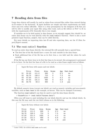 30
7 Reading data from files
Large data objects will usually be read as values from external files rather than entered during
an R session at the keyboard. R input facilities are simple and their requirements are fairly
strict and even rather inflexible. There is a clear presumption by the designers of R that you
will be able to modify your input files using other tools, such as file editors or Perl1
to fit in
with the requirements of R. Generally this is very simple.
If variables are to be held mainly in data frames, as we strongly suggest they should be, an
entire data frame can be read directly with the read.table() function. There is also a more
primitive input function, scan(), that can be called directly.
For more details on importing data into R and also exporting data, see the R Data Im-
port/Export manual.
7.1 The read.table() function
To read an entire data frame directly, the external file will normally have a special form.
• The first line of the file should have a name for each variable in the data frame.
• Each additional line of the file has as its first item a row label and the values for each
variable.
If the file has one fewer item in its first line than in its second, this arrangement is presumed
to be in force. So the first few lines of a file to be read as a data frame might look as follows.
 
Input file form with names and row labels:
Price Floor Area Rooms Age Cent.heat
01 52.00 111.0 830 5 6.2 no
02 54.75 128.0 710 5 7.5 no
03 57.50 101.0 1000 5 4.2 no
04 57.50 131.0 690 6 8.8 no
05 59.75 93.0 900 5 1.9 yes
...

 	
By default numeric items (except row labels) are read as numeric variables and non-numeric
variables, such as Cent.heat in the example, as factors. This can be changed if necessary.
The function read.table() can then be used to read the data frame directly
 HousePrice - read.table(houses.data)
Often you will want to omit including the row labels directly and use the default labels. In
this case the file may omit the row label column as in the following.
 
Input file form without row labels:
Price Floor Area Rooms Age Cent.heat
52.00 111.0 830 5 6.2 no
54.75 128.0 710 5 7.5 no
57.50 101.0 1000 5 4.2 no
57.50 131.0 690 6 8.8 no
59.75 93.0 900 5 1.9 yes
...

 	
1
Under UNIX, the utilities sed orawk can be used.
 