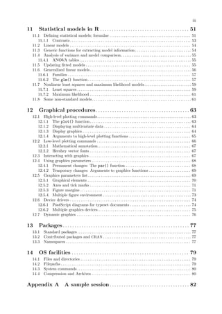 iii
11 Statistical models in R . . . . . . . . . . . . . . . . . . . . . . . . . . . . . . . . . . . . . . 51
11.1 Defining statistical models; formulae . . . . . . . . . . . . . . . . . . . . . . . . . . . . . . . . . . . . . . . . . . . . . 51
11.1.1 Contrasts . . . . . . . . . . . . . . . . . . . . . . . . . . . . . . . . . . . . . . . . . . . . . . . . . . . . . . . . . . . . . . . . . . . 53
11.2 Linear models . . . . . . . . . . . . . . . . . . . . . . . . . . . . . . . . . . . . . . . . . . . . . . . . . . . . . . . . . . . . . . . . . . . 54
11.3 Generic functions for extracting model information . . . . . . . . . . . . . . . . . . . . . . . . . . . . . . . 54
11.4 Analysis of variance and model comparison. . . . . . . . . . . . . . . . . . . . . . . . . . . . . . . . . . . . . . . 55
11.4.1 ANOVA tables. . . . . . . . . . . . . . . . . . . . . . . . . . . . . . . . . . . . . . . . . . . . . . . . . . . . . . . . . . . . . . 55
11.5 Updating fitted models . . . . . . . . . . . . . . . . . . . . . . . . . . . . . . . . . . . . . . . . . . . . . . . . . . . . . . . . . . 55
11.6 Generalized linear models. . . . . . . . . . . . . . . . . . . . . . . . . . . . . . . . . . . . . . . . . . . . . . . . . . . . . . . . 56
11.6.1 Families . . . . . . . . . . . . . . . . . . . . . . . . . . . . . . . . . . . . . . . . . . . . . . . . . . . . . . . . . . . . . . . . . . . . 57
11.6.2 The glm() function . . . . . . . . . . . . . . . . . . . . . . . . . . . . . . . . . . . . . . . . . . . . . . . . . . . . . . . . . 57
11.7 Nonlinear least squares and maximum likelihood models. . . . . . . . . . . . . . . . . . . . . . . . . . 59
11.7.1 Least squares . . . . . . . . . . . . . . . . . . . . . . . . . . . . . . . . . . . . . . . . . . . . . . . . . . . . . . . . . . . . . . . 59
11.7.2 Maximum likelihood . . . . . . . . . . . . . . . . . . . . . . . . . . . . . . . . . . . . . . . . . . . . . . . . . . . . . . . . 61
11.8 Some non-standard models. . . . . . . . . . . . . . . . . . . . . . . . . . . . . . . . . . . . . . . . . . . . . . . . . . . . . . . 61
12 Graphical procedures. . . . . . . . . . . . . . . . . . . . . . . . . . . . . . . . . . . . . . . . 63
12.1 High-level plotting commands. . . . . . . . . . . . . . . . . . . . . . . . . . . . . . . . . . . . . . . . . . . . . . . . . . . . 63
12.1.1 The plot() function. . . . . . . . . . . . . . . . . . . . . . . . . . . . . . . . . . . . . . . . . . . . . . . . . . . . . . . . 63
12.1.2 Displaying multivariate data . . . . . . . . . . . . . . . . . . . . . . . . . . . . . . . . . . . . . . . . . . . . . . . . 64
12.1.3 Display graphics . . . . . . . . . . . . . . . . . . . . . . . . . . . . . . . . . . . . . . . . . . . . . . . . . . . . . . . . . . . . 64
12.1.4 Arguments to high-level plotting functions . . . . . . . . . . . . . . . . . . . . . . . . . . . . . . . . . . 65
12.2 Low-level plotting commands . . . . . . . . . . . . . . . . . . . . . . . . . . . . . . . . . . . . . . . . . . . . . . . . . . . . 66
12.2.1 Mathematical annotation . . . . . . . . . . . . . . . . . . . . . . . . . . . . . . . . . . . . . . . . . . . . . . . . . . . 67
12.2.2 Hershey vector fonts . . . . . . . . . . . . . . . . . . . . . . . . . . . . . . . . . . . . . . . . . . . . . . . . . . . . . . . . 67
12.3 Interacting with graphics . . . . . . . . . . . . . . . . . . . . . . . . . . . . . . . . . . . . . . . . . . . . . . . . . . . . . . . . 67
12.4 Using graphics parameters . . . . . . . . . . . . . . . . . . . . . . . . . . . . . . . . . . . . . . . . . . . . . . . . . . . . . . . 68
12.4.1 Permanent changes: The par() function . . . . . . . . . . . . . . . . . . . . . . . . . . . . . . . . . . . . 68
12.4.2 Temporary changes: Arguments to graphics functions . . . . . . . . . . . . . . . . . . . . . . . 69
12.5 Graphics parameters list . . . . . . . . . . . . . . . . . . . . . . . . . . . . . . . . . . . . . . . . . . . . . . . . . . . . . . . . . 69
12.5.1 Graphical elements . . . . . . . . . . . . . . . . . . . . . . . . . . . . . . . . . . . . . . . . . . . . . . . . . . . . . . . . . 70
12.5.2 Axes and tick marks . . . . . . . . . . . . . . . . . . . . . . . . . . . . . . . . . . . . . . . . . . . . . . . . . . . . . . . . 71
12.5.3 Figure margins . . . . . . . . . . . . . . . . . . . . . . . . . . . . . . . . . . . . . . . . . . . . . . . . . . . . . . . . . . . . . 71
12.5.4 Multiple figure environment. . . . . . . . . . . . . . . . . . . . . . . . . . . . . . . . . . . . . . . . . . . . . . . . . 73
12.6 Device drivers . . . . . . . . . . . . . . . . . . . . . . . . . . . . . . . . . . . . . . . . . . . . . . . . . . . . . . . . . . . . . . . . . . . 74
12.6.1 PostScript diagrams for typeset documents . . . . . . . . . . . . . . . . . . . . . . . . . . . . . . . . . . 74
12.6.2 Multiple graphics devices . . . . . . . . . . . . . . . . . . . . . . . . . . . . . . . . . . . . . . . . . . . . . . . . . . . 75
12.7 Dynamic graphics . . . . . . . . . . . . . . . . . . . . . . . . . . . . . . . . . . . . . . . . . . . . . . . . . . . . . . . . . . . . . . . 76
13 Packages. . . . . . . . . . . . . . . . . . . . . . . . . . . . . . . . . . . . . . . . . . . . . . . . . . . . . . 77
13.1 Standard packages . . . . . . . . . . . . . . . . . . . . . . . . . . . . . . . . . . . . . . . . . . . . . . . . . . . . . . . . . . . . . . . 77
13.2 Contributed packages and CRAN. . . . . . . . . . . . . . . . . . . . . . . . . . . . . . . . . . . . . . . . . . . . . . . . . 77
13.3 Namespaces . . . . . . . . . . . . . . . . . . . . . . . . . . . . . . . . . . . . . . . . . . . . . . . . . . . . . . . . . . . . . . . . . . . . . 77
14 OS facilities . . . . . . . . . . . . . . . . . . . . . . . . . . . . . . . . . . . . . . . . . . . . . . . . . . 79
14.1 Files and directories . . . . . . . . . . . . . . . . . . . . . . . . . . . . . . . . . . . . . . . . . . . . . . . . . . . . . . . . . . . . . 79
14.2 Filepaths . . . . . . . . . . . . . . . . . . . . . . . . . . . . . . . . . . . . . . . . . . . . . . . . . . . . . . . . . . . . . . . . . . . . . . . . 79
14.3 System commands . . . . . . . . . . . . . . . . . . . . . . . . . . . . . . . . . . . . . . . . . . . . . . . . . . . . . . . . . . . . . . . 80
14.4 Compression and Archives . . . . . . . . . . . . . . . . . . . . . . . . . . . . . . . . . . . . . . . . . . . . . . . . . . . . . . . 80
Appendix A A sample session . . . . . . . . . . . . . . . . . . . . . . . . . . . . . . . . . . 82
 