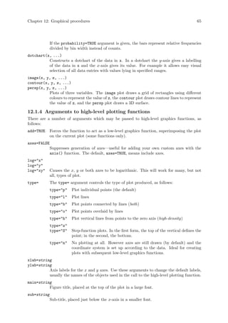 Chapter 12: Graphical procedures 65
If the probability=TRUE argument is given, the bars represent relative frequencies
divided by bin width instead of counts.
dotchart(x, ...)
Constructs a dotchart of the data in x. In a dotchart the y-axis gives a labelling
of the data in x and the x-axis gives its value. For example it allows easy visual
selection of all data entries with values lying in specified ranges.
image(x, y, z, ...)
contour(x, y, z, ...)
persp(x, y, z, ...)
Plots of three variables. The image plot draws a grid of rectangles using different
colours to represent the value of z, the contour plot draws contour lines to represent
the value of z, and the persp plot draws a 3D surface.
12.1.4 Arguments to high-level plotting functions
There are a number of arguments which may be passed to high-level graphics functions, as
follows:
add=TRUE Forces the function to act as a low-level graphics function, superimposing the plot
on the current plot (some functions only).
axes=FALSE
Suppresses generation of axes—useful for adding your own custom axes with the
axis() function. The default, axes=TRUE, means include axes.
log=x
log=y
log=xy Causes the x, y or both axes to be logarithmic. This will work for many, but not
all, types of plot.
type= The type= argument controls the type of plot produced, as follows:
type=p Plot individual points (the default)
type=l Plot lines
type=b Plot points connected by lines (both)
type=o Plot points overlaid by lines
type=h Plot vertical lines from points to the zero axis (high-density)
type=s
type=S Step-function plots. In the first form, the top of the vertical defines the
point; in the second, the bottom.
type=n No plotting at all. However axes are still drawn (by default) and the
coordinate system is set up according to the data. Ideal for creating
plots with subsequent low-level graphics functions.
xlab=string
ylab=string
Axis labels for the x and y axes. Use these arguments to change the default labels,
usually the names of the objects used in the call to the high-level plotting function.
main=string
Figure title, placed at the top of the plot in a large font.
sub=string
Sub-title, placed just below the x-axis in a smaller font.
 