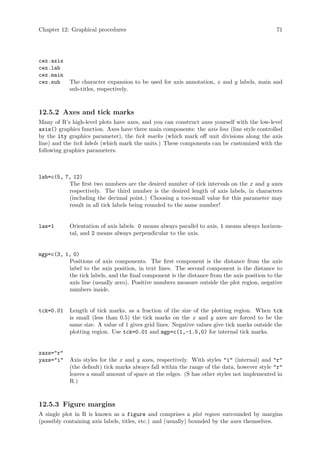 Chapter 12: Graphical procedures 71
cex.axis
cex.lab
cex.main
cex.sub The character expansion to be used for axis annotation, x and y labels, main and
sub-titles, respectively.
12.5.2 Axes and tick marks
Many of R’s high-level plots have axes, and you can construct axes yourself with the low-level
axis() graphics function. Axes have three main components: the axis line (line style controlled
by the lty graphics parameter), the tick marks (which mark off unit divisions along the axis
line) and the tick labels (which mark the units.) These components can be customized with the
following graphics parameters.
lab=c(5, 7, 12)
The first two numbers are the desired number of tick intervals on the x and y axes
respectively. The third number is the desired length of axis labels, in characters
(including the decimal point.) Choosing a too-small value for this parameter may
result in all tick labels being rounded to the same number!
las=1 Orientation of axis labels. 0 means always parallel to axis, 1 means always horizon-
tal, and 2 means always perpendicular to the axis.
mgp=c(3, 1, 0)
Positions of axis components. The first component is the distance from the axis
label to the axis position, in text lines. The second component is the distance to
the tick labels, and the final component is the distance from the axis position to the
axis line (usually zero). Positive numbers measure outside the plot region, negative
numbers inside.
tck=0.01 Length of tick marks, as a fraction of the size of the plotting region. When tck
is small (less than 0.5) the tick marks on the x and y axes are forced to be the
same size. A value of 1 gives grid lines. Negative values give tick marks outside the
plotting region. Use tck=0.01 and mgp=c(1,-1.5,0) for internal tick marks.
xaxs=r
yaxs=i Axis styles for the x and y axes, respectively. With styles i (internal) and r
(the default) tick marks always fall within the range of the data, however style r
leaves a small amount of space at the edges. (S has other styles not implemented in
R.)
12.5.3 Figure margins
A single plot in R is known as a figure and comprises a plot region surrounded by margins
(possibly containing axis labels, titles, etc.) and (usually) bounded by the axes themselves.
 