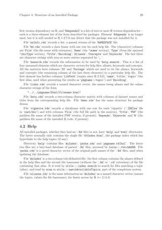 Chapter 4: Structure of an Installed Package                                                     29




first version dependency on R, and ‘Rdepends2’ is a list of zero or more R version dependencies—
each is a three-element list of the form described for packages. Element ‘Rdepends’ is no longer
used, but it is still needed so R < 2.7.0 can detect that the package was not installed for it.
    File ‘nsInfo.rds’ records a list, a parsed version of the ‘NAMESPACE’ file.
    File ‘Rd.rds’ records a data frame with one row for each help file. The (character) columns
are ‘File’ (the file name with extension), ‘Name’ (the ‘name’ section), ‘Type’ (from the optional
‘docType’ section), ‘Title’, ‘Encoding’, ‘Aliases’, ‘Concepts’ and ‘Keywords’. The last three
are character strings with zero or more entries separated by ‘, ’.
    File ‘hsearch.rds’ records the information to be used by ‘help.search’. This is a list of
four unnamed elements which are character vectors for help files, aliases, keywords and concepts.
All the matrices have columns ‘ID’ and ‘Package’ which are used to tie the aliases, keywords
and concepts (the remaining column of the last three elements) to a particular help file. The
first element has further columns ‘LibPath’ (empty since R 2.3.0), ‘name’, ‘title’, ‘topic’ (the
first alias, used when presenting the results as ‘pkgname ::topic ’) and ‘Encoding’.
    File ‘links.rds’ records a named character vector, the names being aliases and the values
character strings of the form
        "../../pkgname /html/filename.html"
    File ‘data.rds’ records a two-column character matrix with columns of dataset names and
titles from the corresponding help file. File ‘demo.rds’ has the same structure for package
demos.
    File ‘vignette.rds’ records a dataframe with one row for each ‘vignette’ (‘.[RS]nw’ file
in ‘inst/doc’) and with columns ‘File’ (the full file path in the sources), ‘Title’, ‘PDF’ (the
pathless file name of the installed PDF version, if present), ‘Depends’, ‘Keywords’ and ‘R’ (the
pathless file name of the installed R code, if present).

4.2 Help
All installed packages, whether they had an ‘.Rd’ files or not, have ‘help’ and ‘html’ directories.
The latter normally only contains the single file ‘00Index.html’, the package index which has
hyperlinks to the help topics (if any).
    Directory ‘help’ contains files ‘AnIndex’, ‘paths.rds’ and ‘pkgname.rd[bx]’. The latter
two files are a lazy-load database of parsed ‘.Rd’ files, accessed by tools:::fetchRdDB. File
‘paths.rds’ is a saved character vector of the original path names of the ‘.Rd’ files, used when
updating the database.
    File ‘AnIndex’ is a two-column tab-delimited file: the first column contains the aliases defined
in the help files and the second the basename (without the ‘.Rd’ or ‘.rd’ extension) of the file
containing that alias. It is read by utils:::index.search to search for files matching a topic
(alias), and read by scan in utils:::matchAvailableTopics, part of the completion system.
    File ‘aliases.rds’ is the same information as ‘AnIndex’ as a named character vector (names
the topics, values the file basename), for faster access by R >= 2.11.0.
 