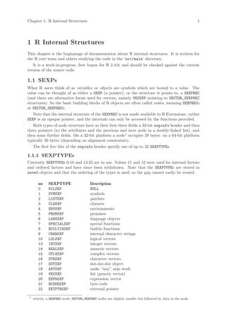Chapter 1: R Internal Structures                                                                             1




1 R Internal Structures
This chapter is the beginnings of documentation about R internal structures. It is written for
the R core team and others studying the code in the ‘src/main’ directory.
   It is a work-in-progress, first begun for R 2.4.0, and should be checked against the current
version of the source code.

1.1 SEXPs
What R users think of as variables or objects are symbols which are bound to a value. The
value can be thought of as either a SEXP (a pointer), or the structure it points to, a SEXPREC
(and there are alternative forms used for vectors, namely VECSXP pointing to VECTOR_SEXPREC
structures). So the basic building blocks of R objects are often called nodes, meaning SEXPRECs
or VECTOR_SEXPRECs.
   Note that the internal structure of the SEXPREC is not made available to R Extensions: rather
SEXP is an opaque pointer, and the internals can only be accessed by the functions provided.
   Both types of node structure have as their first three fields a 32-bit sxpinfo header and then
three pointers (to the attributes and the previous and next node in a doubly-linked list), and
then some further fields. On a 32-bit platform a node1 occupies 28 bytes: on a 64-bit platform
typically 56 bytes (depending on alignment constraints).
   The first five bits of the sxpinfo header specify one of up to 32 SEXPTYPEs.

1.1.1 SEXPTYPEs
Currently SEXPTYPEs 0:10 and 13:25 are in use. Values 11 and 12 were used for internal factors
and ordered factors and have since been withdrawn. Note that the SEXPTYPEs are stored in
saved objects and that the ordering of the types is used, so the gap cannot easily be reused.

        no     SEXPTYPE                  Description
        0      NILSXP                    NULL
        1      SYMSXP                    symbols
        2      LISTSXP                   pairlists
        3      CLOSXP                    closures
        4      ENVSXP                    environments
        5      PROMSXP                   promises
        6      LANGSXP                   language objects
        7      SPECIALSXP                special functions
        8      BUILTINSXP                builtin functions
        9      CHARSXP                   internal character strings
        10     LGLSXP                    logical vectors
        13     INTSXP                    integer vectors
        14     REALSXP                   numeric vectors
        15     CPLXSXP                   complex vectors
        16     STRSXP                    character vectors
        17     DOTSXP                    dot-dot-dot object
        18     ANYSXP                    make “any” args work
        19     VECSXP                    list (generic vector)
        20     EXPRSXP                   expression vector
        21     BCODESXP                  byte code
        22     EXTPTRSXP                 external pointer
 1
     strictly, a SEXPREC node; VECTOR_SEXPREC nodes are slightly smaller but followed by data in the node.
 