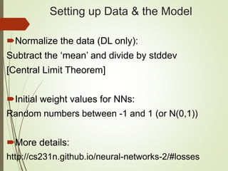 Setting up Data & the Model
Normalize the data (DL only):
Subtract the ‘mean’ and divide by stddev
[Central Limit Theorem]
Initial weight values for NNs:
Random numbers between -1 and 1 (or N(0,1))
More details:
http://cs231n.github.io/neural-networks-2/#losses
 