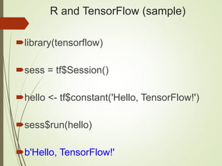 R and TensorFlow (sample)
library(tensorflow)
sess = tf$Session()
hello <- tf$constant('Hello, TensorFlow!')
sess$run(hello)
b'Hello, TensorFlow!'
 