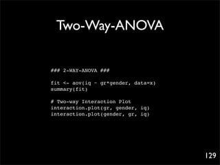 Two-Way-ANOVA

### 2-WAY-ANOVA ###

fit <- aov(iq ~ gr*gender, data=x)
summary(fit)

# Two-way Interaction Plot
interaction.plot(gr, gender, iq)
interaction.plot(gender, gr, iq)




                                     129
 