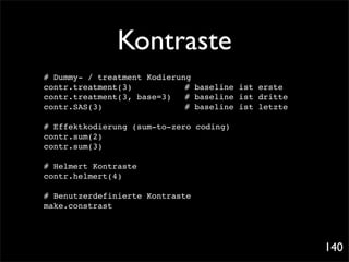Kontraste
# Dummy- / treatment Kodierung
contr.treatment(3)! ! ! ! # baseline ist erste
contr.treatment(3, base=3)! # baseline ist dritte
contr.SAS(3)!! ! ! ! ! # baseline ist letzte

# Effektkodierung (sum-to-zero coding)
contr.sum(2)
contr.sum(3)

# Helmert Kontraste
contr.helmert(4)

# Benutzerdefinierte Kontraste
make.constrast




                                                    140
 