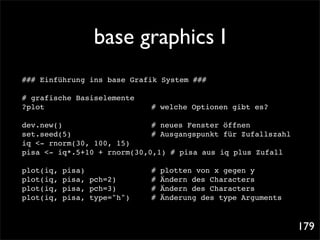 base graphics I
### Einführung ins base Grafik System ###

# grafische Basiselemente
?plot! ! ! ! ! ! !              ! welche Optionen gibt es?
                                #

dev.new()!! ! ! ! ! ! # neues Fenster öffnen
set.seed(5)! ! ! ! ! ! # Ausgangspunkt für Zufallszahl
iq <- rnorm(30, 100, 15)! !
pisa <- iq*.5+10 + rnorm(30,0,1) # pisa aus iq plus Zufall

plot(iq,   pisa)! ! ! !         !
                                #   plotten von x gegen y
plot(iq,   pisa, pch=2)! ! !    #   Ändern des Characters
plot(iq,   pisa, pch=3)! ! !    #   Ändern des Characters
plot(iq,   pisa, type="h")! !   #   Änderung des type Arguments



                                                                  179
 