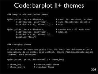 Code: barplot II+ themes
### barplot mit metrischen Daten

qplot(carat, data = diamonds, ! ! ! # carat ist metrisch, so dass
! ! fill=clarity, geom="bar", ! ! # eine Klassierung erstellt
! ! binwidth = 0.05, xlim=c(1,3))! # wird

qplot(carat, data = diamonds, ! ! !    # nutzen von fill auch hier
! ! fill=clarity, geom="bar", ! !      # möglich
! ! binwidth = 0.05, xlim=c(1,3),
! ! position="fill")


### changing themes

# Das Standard-Thema von ggplot2 ist für Veröffentlichungen oftmals
ungeeignet, da es zuviel grau enthält. Andere Farbzusammenstellungen
(Themen) sind verfügbar.

qplot(carat, price, data=dsmall) + theme_bw()

+ theme_bw()! !   !   # schwarz/weiß Thema
+ theme_grey()!   !   # standard Thema
                                                                     205
 