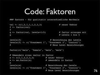 Code: Faktoren
### factors - für qualitativ unterschiedliche Merkmale

val <- c(1,2,1,1,1,2,3,3)! !    !   !     # neuer Vektor
f <- factor(val)
f
g <- factor(val, levels=1:5)!   !   !     # factor erzeugen mit
g                                       ! # Levels 1 bis 5

levels(f)! ! ! ! ! ! ! # Bezeichnung der Levels
levels(f) <- c("Treatment 1", "Treatment 2", "Control")
f                          !! # Neue Level Bezeichnungen

factor(c("male", "female", "male", "male")

# Umwandeln eines vector in factor
x <- c(1,1,2,2,3,3)! ! ! # neuer Vektor
x <- as.factor(x)!
                 ! ! ! # umwandeln in factor
x
levels(x)! ! ! ! !         ! Bezeichnung der Levels
                            #
levels(x) <- c("Treatment 1", "Treatment 2", "Control")
                         ! # Neue Level Bezeichnungen             76
 