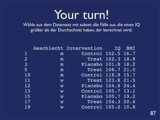 Your turn!
Wähle aus dem Datensatz mit subset alle Fälle aus, die einen IQ
  größer als der Durchschnitt haben, der berechnet wird.



     Geschlecht Intervention    IQ BMI
1             m      Control 102.5 16.7
2             m        Treat 102.3 18.9
3             m      Placebo 101.8 18.2
5             m        Treat 106.7 21.0
10            m      Control 118.9 15.7
11            w        Treat 123.8 21.5
12            w      Placebo 104.8 24.4
13            w      Control 105.7 13.1
15            w      Placebo 100.7 19.2
17            w        Treat 104.3 20.4
19            w      Control 105.0 10.8
                                                                  87
 