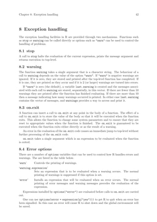 Chapter 8: Exception handling                                                                     42




8 Exception handling
The exception handling facilities in R are provided through two mechanisms. Functions such
as stop or warning can be called directly or options such as "warn" can be used to control the
handling of problems.

8.1 stop
A call to stop halts the evaluation of the current expression, prints the message argument and
returns execution to top-level.

8.2 warning
The function warning takes a single argument that is a character string. The behaviour of a
call to warning depends on the value of the option "warn". If "warn" is negative warnings are
ignored. If it is zero, they are stored and printed after the top-level function has completed. If
it is one, they are printed as they occur and if it is 2 (or larger) warnings are turned into errors.
    If "warn" is zero (the default), a variable last.warning is created and the messages associ-
ated with each call to warning are stored, sequentially, in this vector. If there are fewer than 10
warnings they are printed after the function has finished evaluating. If there are more than 10
then a message indicating how many warnings occurred is printed. In either case last.warning
contains the vector of messages, and warnings provides a way to access and print it.

8.3 on.exit
A function can insert a call to on.exit at any point in the body of a function. The effect of a
call to on.exit is to store the value of the body so that it will be executed when the function
exits. This allows the function to change some system parameters and to ensure that they are
reset to appropriate values when the function is finished. The on.exit is guaranteed to be
executed when the function exits either directly or as the result of a warning.
    An error in the evaluation of the on.exit code causes an immediate jump to top-level without
further processing of the on.exit code.
    on.exit takes a single argument which is an expression to be evaluated when the function
is exited.

8.4 Error options
There are a number of options variables that can be used to control how R handles errors and
warnings. The are listed in the table below.
‘warn’      Controls the printing of warnings.
‘warning.expression’
           Sets an expression that is to be evaluated when a warning occurs. The normal
           printing of warnings is suppressed if this option is set.
‘error’     Installs an expression that will be evaluated when an error occurs. The normal
            printing of error messages and warning messages precedes the evaluation of the
            expression.
   Expressions installed by options("error") are evaluated before calls to on.exit are carried
out.
   One can use options(error = expression(q("yes"))) to get R to quit when an error has
been signalled. In this case an error will cause R to shut down and the global environment will
be saved.
 