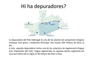 Hi ha depuradores?La depuradora del Prat Llobregat és una de les plantes de sanejament d’aigües residuals més grans i modernes d’Europa. Pot tractar 420 milions de litres al dia.A més, aquesta depuradora inclou una de les estacions de regeneració d’aigua més importants del món: l’aigua regenerada en aquesta planta augmenta els recursos hídrics de la regió en 50 milions de litres a l’any.