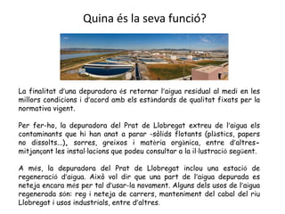 Quina és la seva funció?La finalitat d’una depuradora ésretornar l’aigua residual al medi en les millors condicions i d’acord amb els estàndards de qualitat fixats per la normativa vigent. Per fer-ho, la depuradora del Prat de Llobregat extreu de l’aigua elscontaminants que hi han anat a parar-sòlids flotants(plàstics, papers no dissolts...), sorres, greixos i matèria orgànica, entre d’altres- mitjançant les instal·lacions que podeu consultar a la il·lustració següent. A més, la depuradora del Prat de Llobregat inclou una estació de regeneració d’aigua. Això vol dir que una part de l’aigua depurada es neteja encara més per tal d’usar-la novament. Alguns dels usos de l’aigua regenerada són: reg i neteja de carrers, manteniment del cabal del riu Llobregat i usos industrials, entre d’altres.