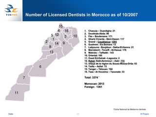 Number of Licensed Dentists in Morocco as of 10/2007


                                   1.    Chaouia – Ouardigha: 21
                                   2.    Doukkala-Abda: 96
                                   3.    Fès – Boulemane: 171
                                   4.    Gharb Chrarda - Béni-Hssen: 117
                                   5.    Grand – Casablanca: 1293
                                   6.    Guelmim - Es-Semara: 13
                                   7.    Laâyoune - Boujdour - Sakia-El-Hamra: 21
                                   8.    Marrakech - Tensift - Al-Haouz: 176
                                   9.    Meknès – Tafilalét : 143
                                   10.   Oriental: 185
                                   11.   Oued Ed-Dahab –Lagouira: 2
                                   12.   Rabat -Salé-Zemmour – Zaër: 774
                                   13.   wilaya de la région du Souss-Massa-Drâa: 63
                                   14.   Tadla – Azilal: 72
                                   15.   Tanger – Tétouan: 194
                                   16.   Taza - Al Hoceima – Taounate: 33

                                   Total: 3374 *

                                   Moroccan: 2013
                                   Foreign: 1361




                                                               *Ordre National de Médecins dentiste

Date                          45                                                             © Finpro
 
