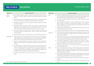 6
Stock Name Investment Arguments
HDFC
Bank*
	
f With improved collection efficiency, superior asset quality and low credit cost,
HDFC Bank (HDFCB) is poised to deliver better operating performance, going
ahead.
	
f Franchise strength and strong liability traction is likely to will help the bank to
improve its market share and deliver market-leading advances growth.
	
f Momentum in advances will be led mainly by corporate aided by favourable
cost of funds/deposit.
	
f Provisioning buffers (including floating and contingency provisioning) are
adequate for any contingency due to the pandemic. We expect it to deliver
superior risk adjusted asset quality with much lower credit cost vs. peers.
	
f Quality underwriting has helped HDFCB to demonstrate better resolution rates
and deliver superior risk-adjusted return ratios (vs. peers) even during the
current pandemic.
	
f At CMP, the stock trades at 3.4x of FY22E and 2.9x of FY23E adjusted book value.
ICICI Bank* 	
f Better portfolio-mix in terms of retail book, which is secured (~54% mortgages)
and improved share of corporate book to A- and above rated corporate are
likely to help the ICICI Bank to deliver relatively superior asset quality.
	
f Apart from making additional provisioning, the bank has also maintained a
high PCR on its NPA exposure. It expects the credit cost to normalize from FY22
onwards.
	
f The bank expects the collection efficiency to pick up with the opening of the
economy and the asset quality to normalise by 2HFY22. The bank restructured
~0.7% of outstanding loan portfolio. We see significant upside from
normalization in credit cost and the bank’s ability to deliver superior NIM once
the higher liquidity on the balance sheet starts coming down.
	
f At CMP, the stock trades at 2.9x of FY22E and 2.5x of FY23E adjusted book
value.
Stock Name Investment Arguments
SBI* 	
f Despite the challenging environment, the bank continues to remain the best
bet amongst the Public Sector Banks (PSBs) on the back of a formidable liability
franchise, well performing subsidiaries and better capital positioning.
	
f In 4QFY21, the bank positively surprised with steady GNPAs and lower
restructured book.
	
f The management reiterated its target of delivering RoE of 15% in ensuing
period mainly to be aided by credit growth (guidance of 10% growth in
FY22E), moderation in credit cost backed by asset quality improvement and
rationalization of operating cost.
	
f However, its asset quality, loan loss provisioning and capital raise plans need
to be monitored in the medium-term.
	
f At CMP, the stock trades at 1.5x of FY22E and 1.3x of FY23E adjusted book value.
HDFC Ltd.*
	
f HDFC has been successfully maintaining spreads and NIM across interest rate
cycles. Given the strength of its liability franchise, we think that this interest rate
cycle will be no different.
	
f HDFC’s balance sheet is one of the strongest, especially given the kind of
economic value of its subsidiaries. Ability to monetize this economic value and
create contingency buffers provides further strength to its balance sheet.
	
f In individual mortgage book, its collection efficiency, which stood at ~98.3% in
June’ 21 (up 30bps QoQ) corroborates its claim that majority of its customers
opted for moratorium just out of caution to conserve cash.
	
f At CMP, the stock trades at 2.4x of FY22E and 2.2x of FY23E adjusted book
value (Standalone basis).
CIFC* 	
f CIFC has exhibited its dominance in vehicle financing led by its distribution
strength, relationship with auto OEMs and its inherent DNA, which allows it to
selectively become underweight/overweight in certain product segments to
maintain superior asset quality.
	
f It has demonstrated steady growth and higher market share even in adverse
times (without compromising on credit filters and underwriting). It has adequate
growth capital with a CRAR of ~19.3% (Tier-I capital of 15.4%).
	
f CIFC demonstrated high AUM growth and best risk adjusted asset quality vs.
its peers.
	
f At CMP, the stock trades at 3.8x of FY22E and 3.2x of FY23E adjusted book
value.
Note: * Valuations are taken from Bloomberg estimates
 