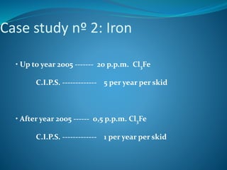 Case study nº 2: Iron
• Up to year 2005 ------- 20 p.p.m. Cl3Fe
C.I.P.S. ------------- 5 per year per skid
• After year 2005 ------ 0,5 p.p.m. Cl3Fe
C.I.P.S. ------------- 1 per year per skid
 