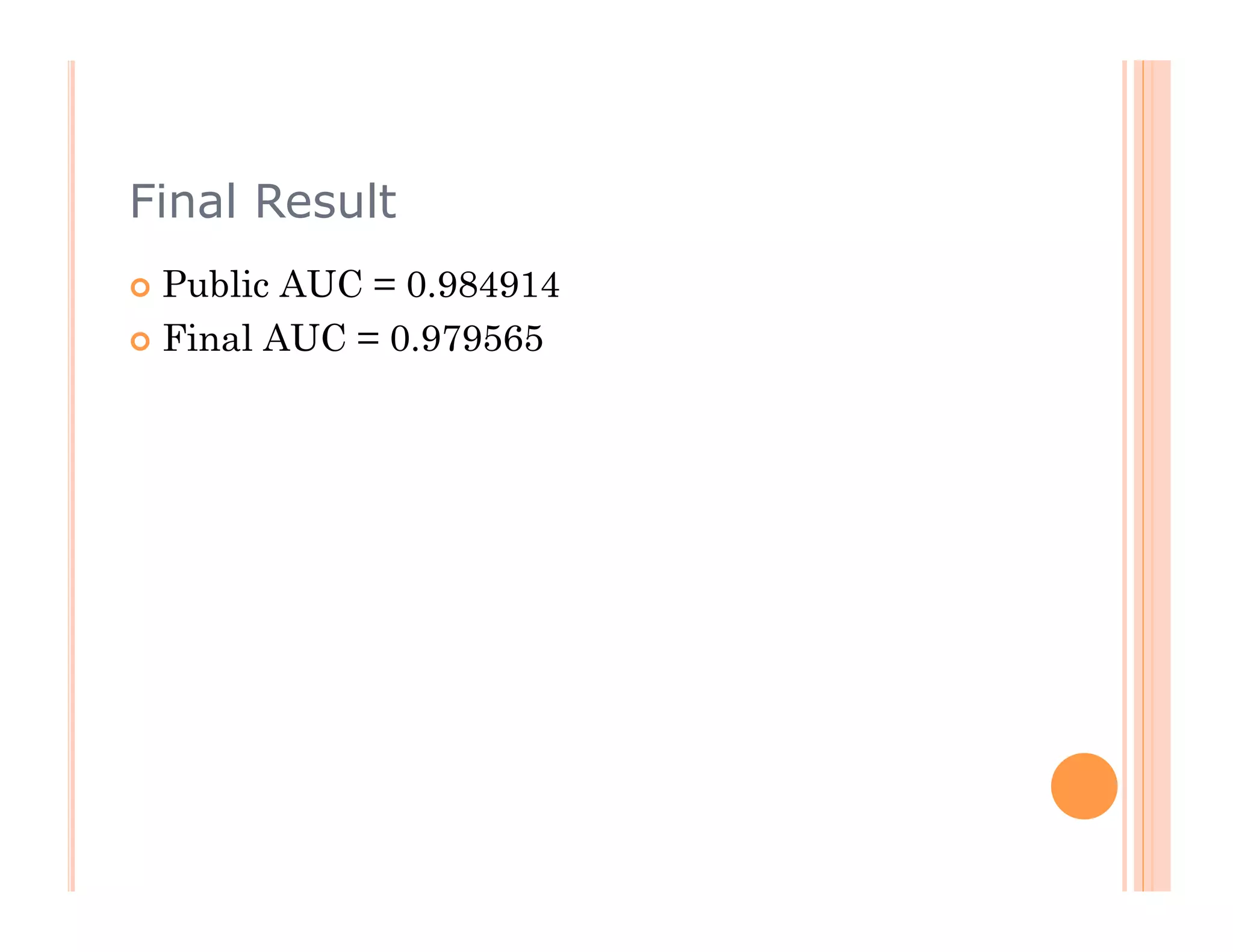 Final Result
  Public AUC = 0.984914
  Final AUC = 0.979565
 