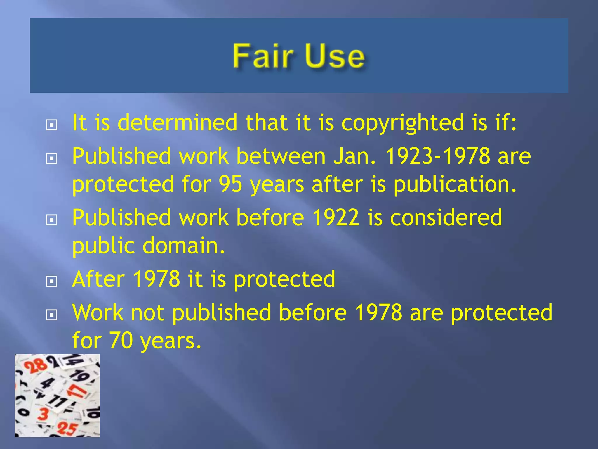 In other words, there is more and more hope that works are being placed out there. Content on the webThere are many unclear legal rules regarding copyright of internet materials we find. Many think that since its public domain, it can be used but there’s a rule to follow!