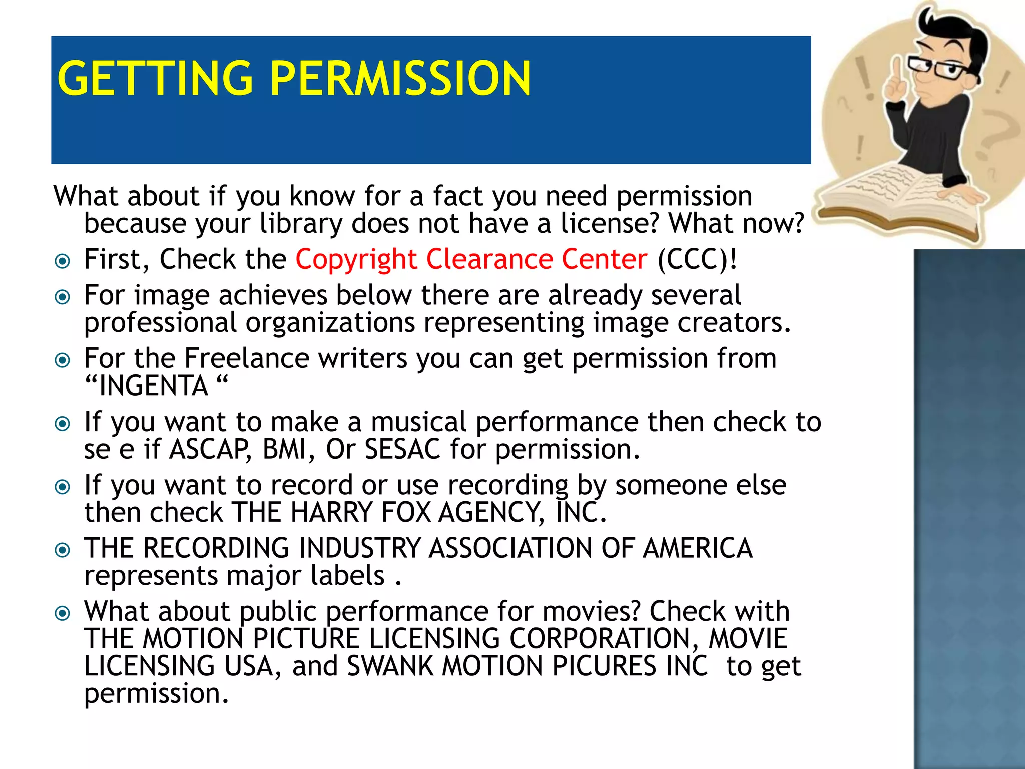 Fair UseLibraries have some special rights for use of the material .Educational Institutions and government agencies also have copyright use to display and use works in certain teaching activities. What about reserves, course management systems and platforms for distributing course content?-you need to limit materials duplicated when the library has legal copies of the work. What about digitizing and using images and audiovisual resources?
