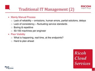 20
Traditional IT Management (2)
 Mainly Manual Process
 Lack of reliability – omissions, human errors, partial solutions, delays
 Lack of consistency – fluctuating service standards
 Boring & repetitive
 50-100 machines per engineer
 Poor Visibility
 What is happening, real time, at the endpoints?
 Hard to plan ahead
 