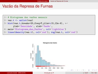 Análise de casos Vazão da Represa de Furnas
Vazão da Represa de Furnas
1 # Histograma das vazões mensais
2 vaz.t - unlist(vaz)
3 hist(vaz.t,breaks=20,freq=F,ylim=c(0,12e-4), ←
ylab='Densidade', xlab='Vazão',
4 main='Histograma das Vazões', col='lightblue')
5 lines(density(vaz.t), col='red'); rug(vaz.t, col='red')
Leonardo Goliatt (MAC/UFJF) Introdução ao R v. 13.07 110 / 132
 