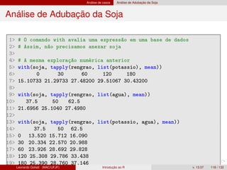Análise de casos Análise de Adubação da Soja
Análise de Adubação da Soja
1 # O comando with avalia uma expressão em uma base de dados
2 # Assim, não precisamos anexar soja
3
4 # A mesma exploração numérica anterior
5 with(soja, tapply(rengrao, list(potassio), mean))
6 0 30 60 120 180
7 15.10733 21.29733 27.48200 29.51067 30.43200
8
9 with(soja, tapply(rengrao, list(agua), mean))
10 37.5 50 62.5
11 21.6956 25.1040 27.4980
12
13 with(soja, tapply(rengrao, list(potassio, agua), mean))
14 37.5 50 62.5
15 0 13.520 15.712 16.090
16 30 20.334 22.570 20.988
17 60 23.926 28.692 29.828
18 120 25.308 29.786 33.438
19 180 25.390 28.760 37.146
Leonardo Goliatt (MAC/UFJF) Introdução ao R v. 13.07 118 / 132
 