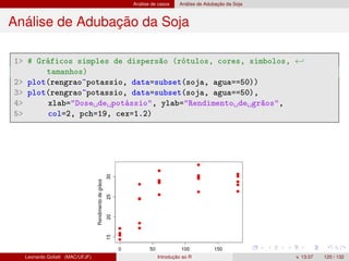 Análise de casos Análise de Adubação da Soja
Análise de Adubação da Soja
1 # Gráficos simples de dispersão (rótulos, cores, simbolos, ←
tamanhos)
2 plot(rengrao~potassio, data=subset(soja, agua==50))
3 plot(rengrao~potassio, data=subset(soja, agua==50),
4 xlab=Dose de potássio, ylab=Rendimento de grãos,
5 col=2, pch=19, cex=1.2)
Leonardo Goliatt (MAC/UFJF) Introdução ao R v. 13.07 120 / 132
 