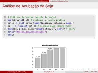 Análise de casos Análise de Adubação da Soja
Análise de Adubação da Soja
1 # Gráficos de barras (adição de texto)
2 par(mfrow=c(1,1)) # restaura a janela gráfica
3 pot.m - with(soja, tapply(rengrao, potassio, mean))
4 bp - barplot(pot.m) # alterar para ylim=c(0,32)
5 text(bp, pot.m, label=round(pot.m, 3), pos=3) # pos=3
6 title(Médias dos tratamentos)
7 box()
Leonardo Goliatt (MAC/UFJF) Introdução ao R v. 13.07 123 / 132
 