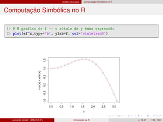Análise de casos Computação Simbólica no R
Computação Simbólica no R
1 # O grafico de f -- o rótulo de y éuma expressão
2 plot(ef~x,type='b', ylab=f, col='violetred4')
Leonardo Goliatt (MAC/UFJF) Introdução ao R v. 13.07 130 / 132
 